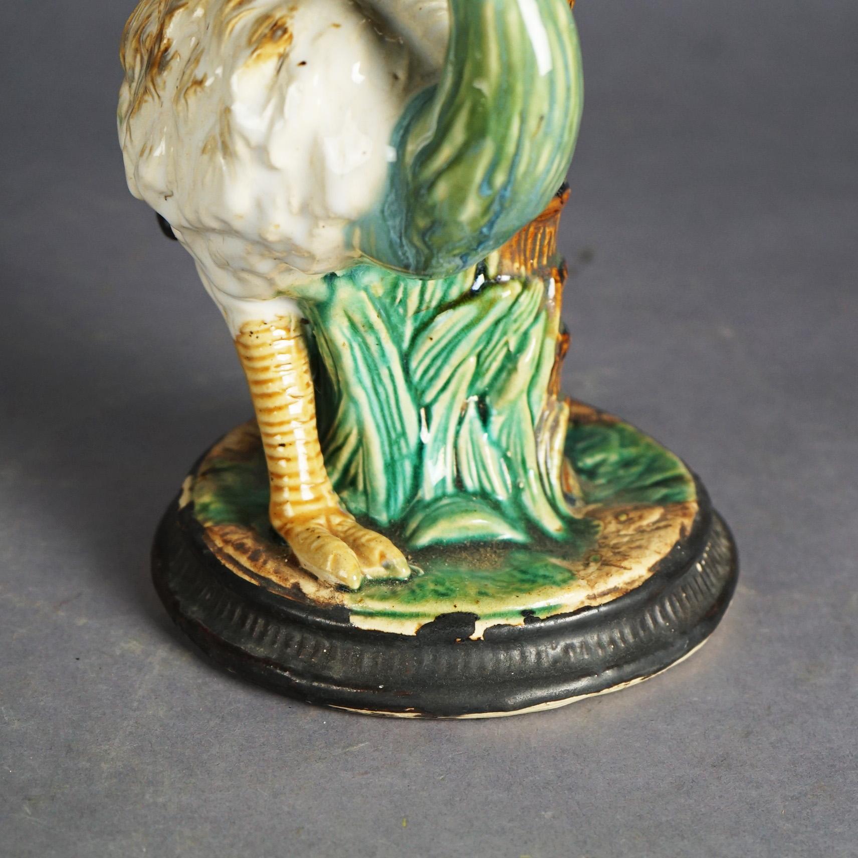 Antique Style Figural Majolica Pottery Crumpet Stand with Emu & Palm Tree, 20thC For Sale 5