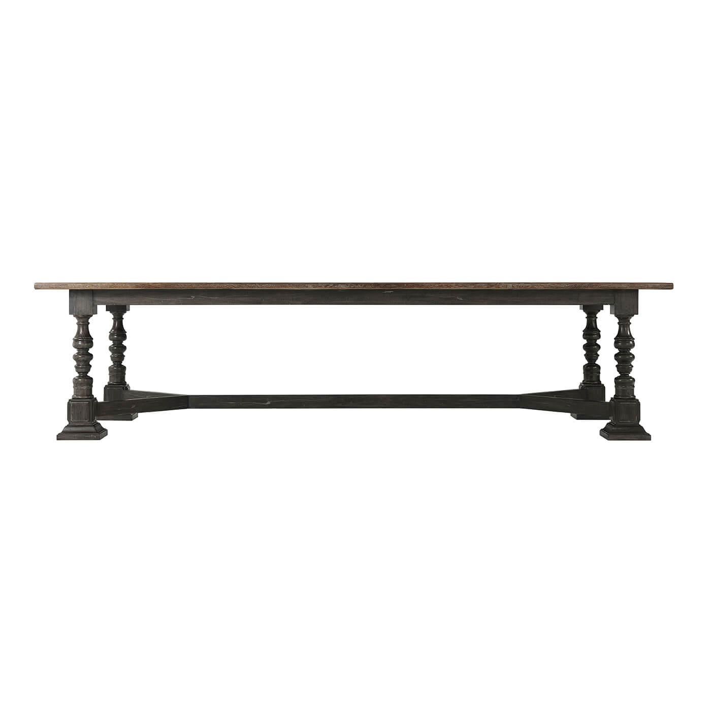 Antique style French oak veneered top rectangular dining table with a cerused Carmel finish raised on a solid cocoa finish base with turned legs and pedestal bases joined by a stretcher.
Dimensions: 120