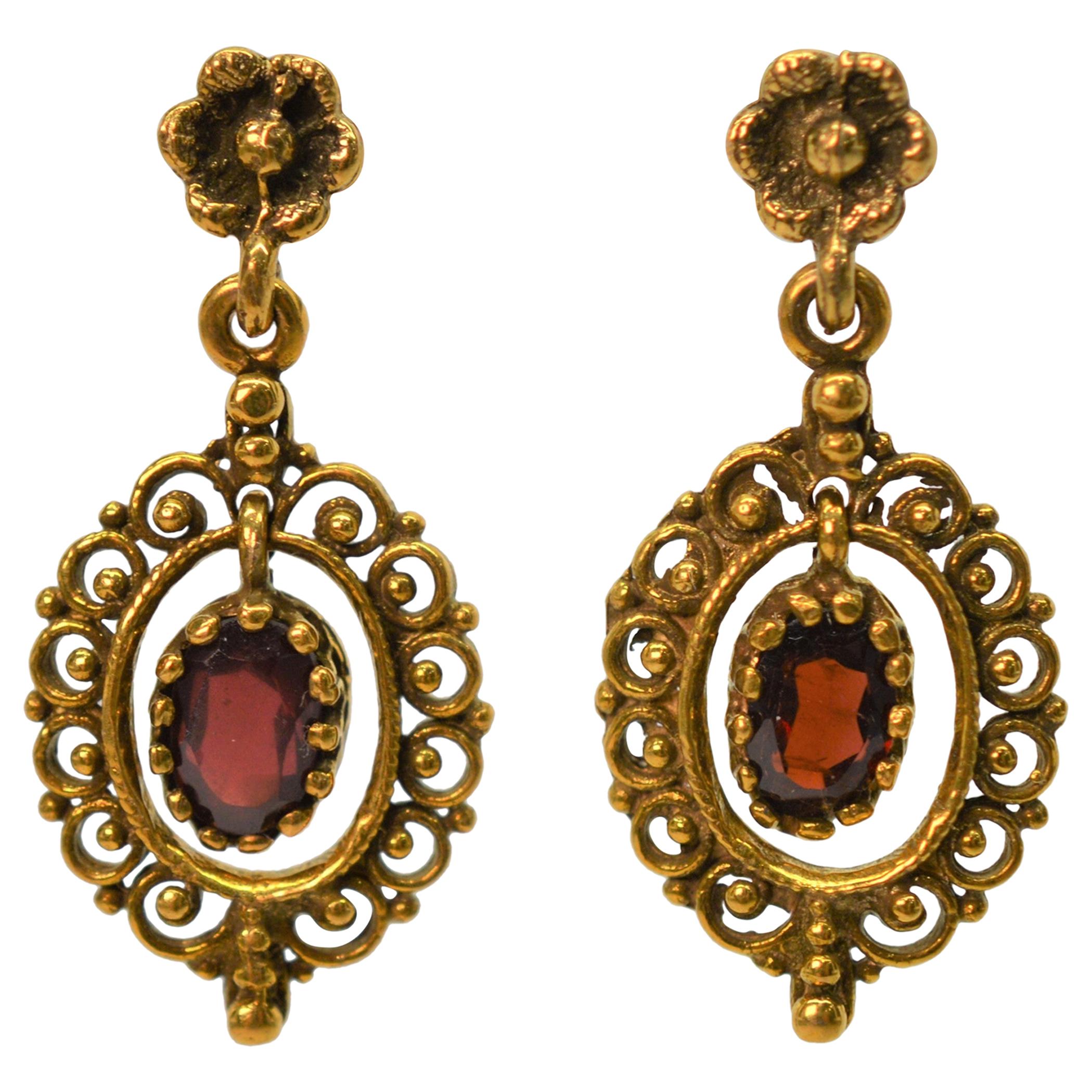 Antique Style Garnet 14 Karat Yellow Gold Earrings