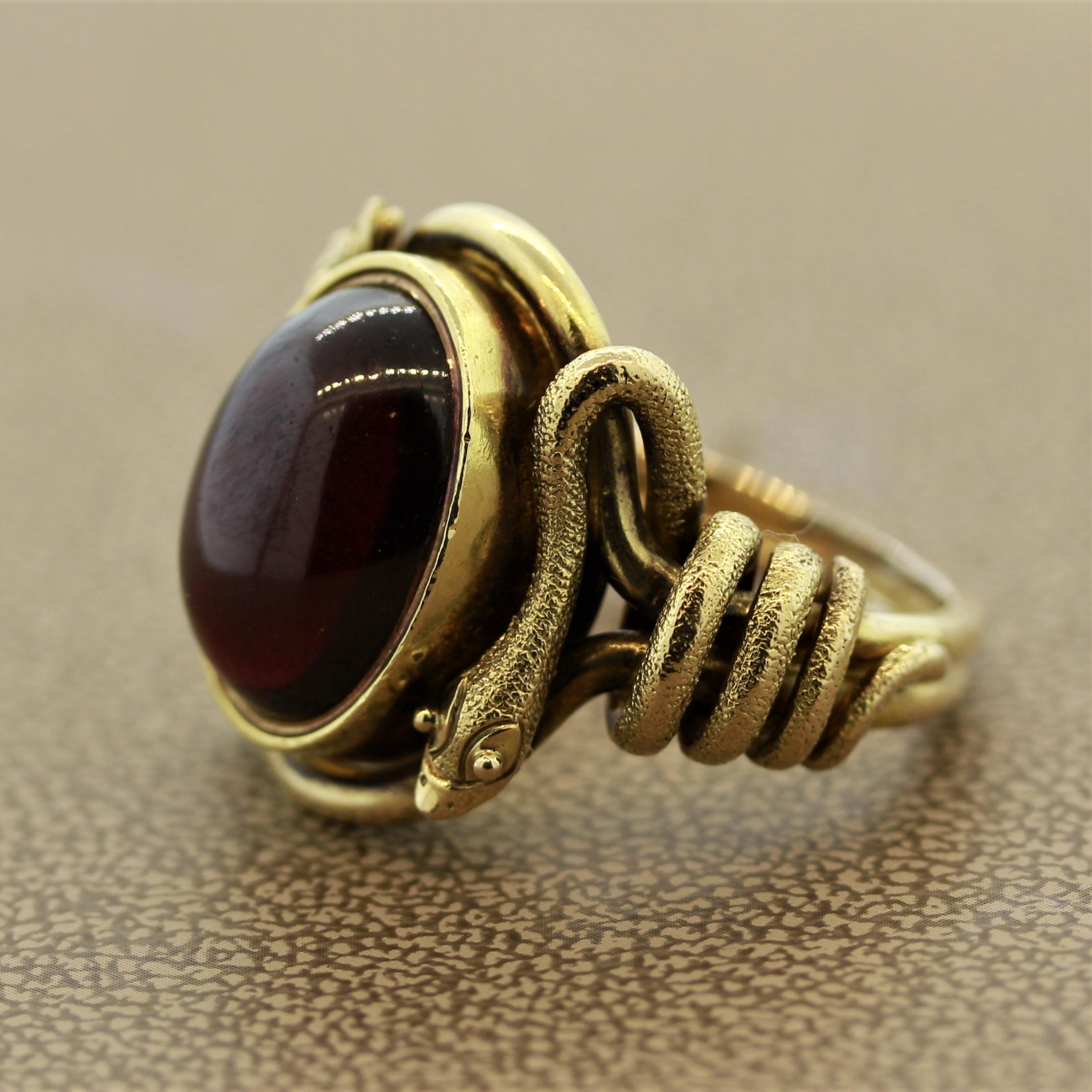 Cabochon Antique Style Garnet Gold Snake Cocktail Ring For Sale