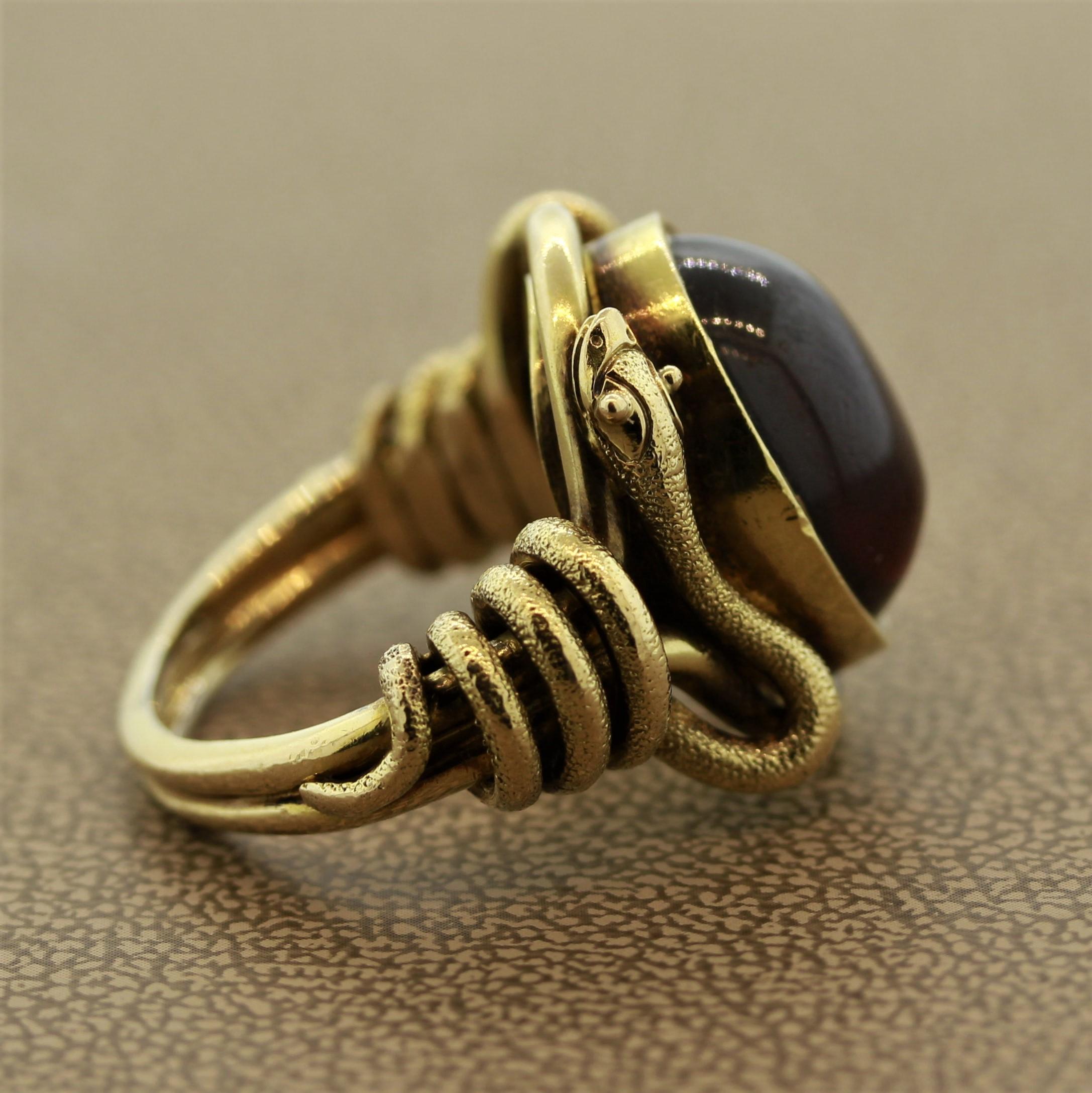 Women's Antique Style Garnet Gold Snake Cocktail Ring For Sale