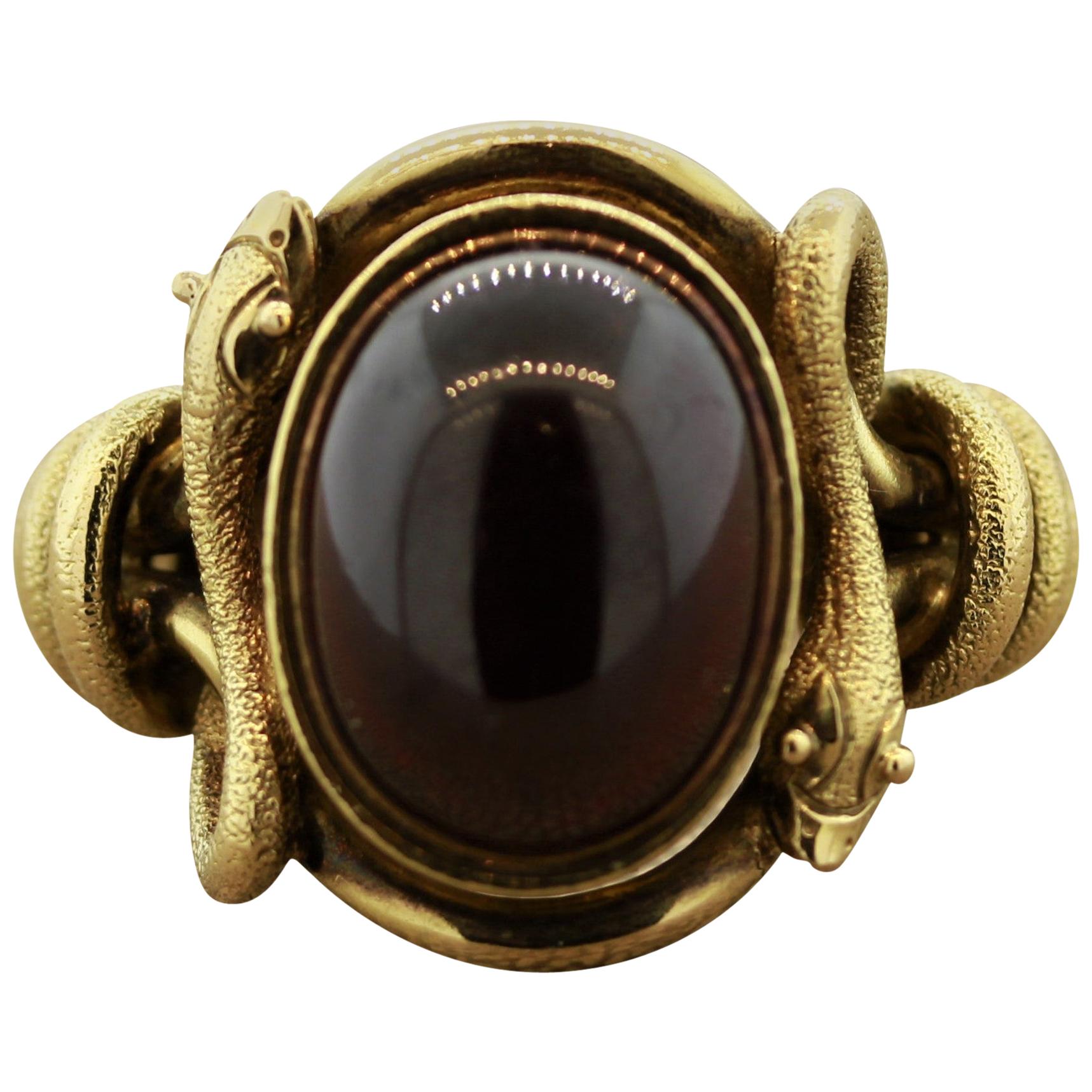 Antique Style Garnet Gold Snake Cocktail Ring For Sale