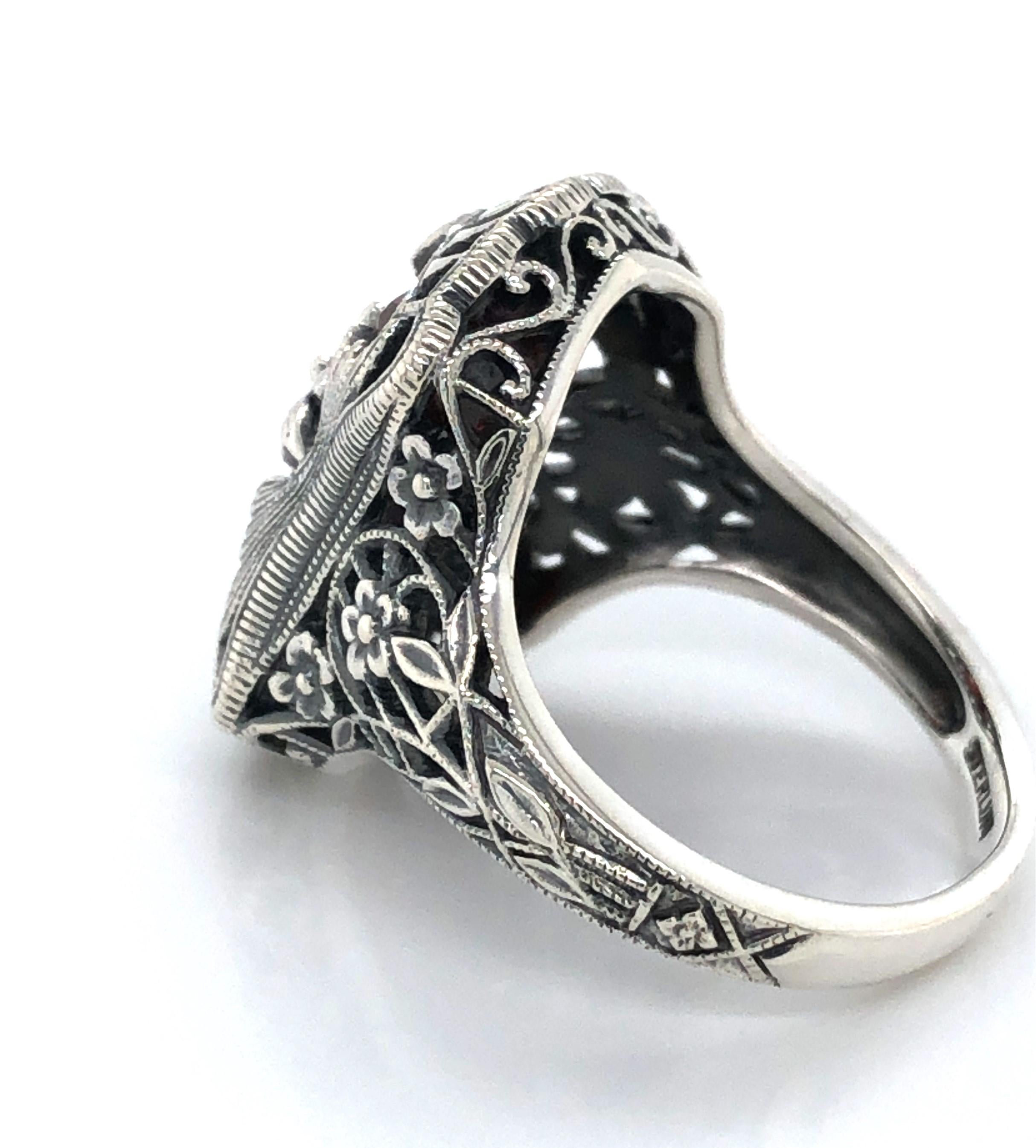 Trillion Cut Antique Style Garnet Sterling Silver Ring