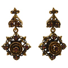 Antique Victorian Style Garnet Yellow Gold Medallion Drop Earrings