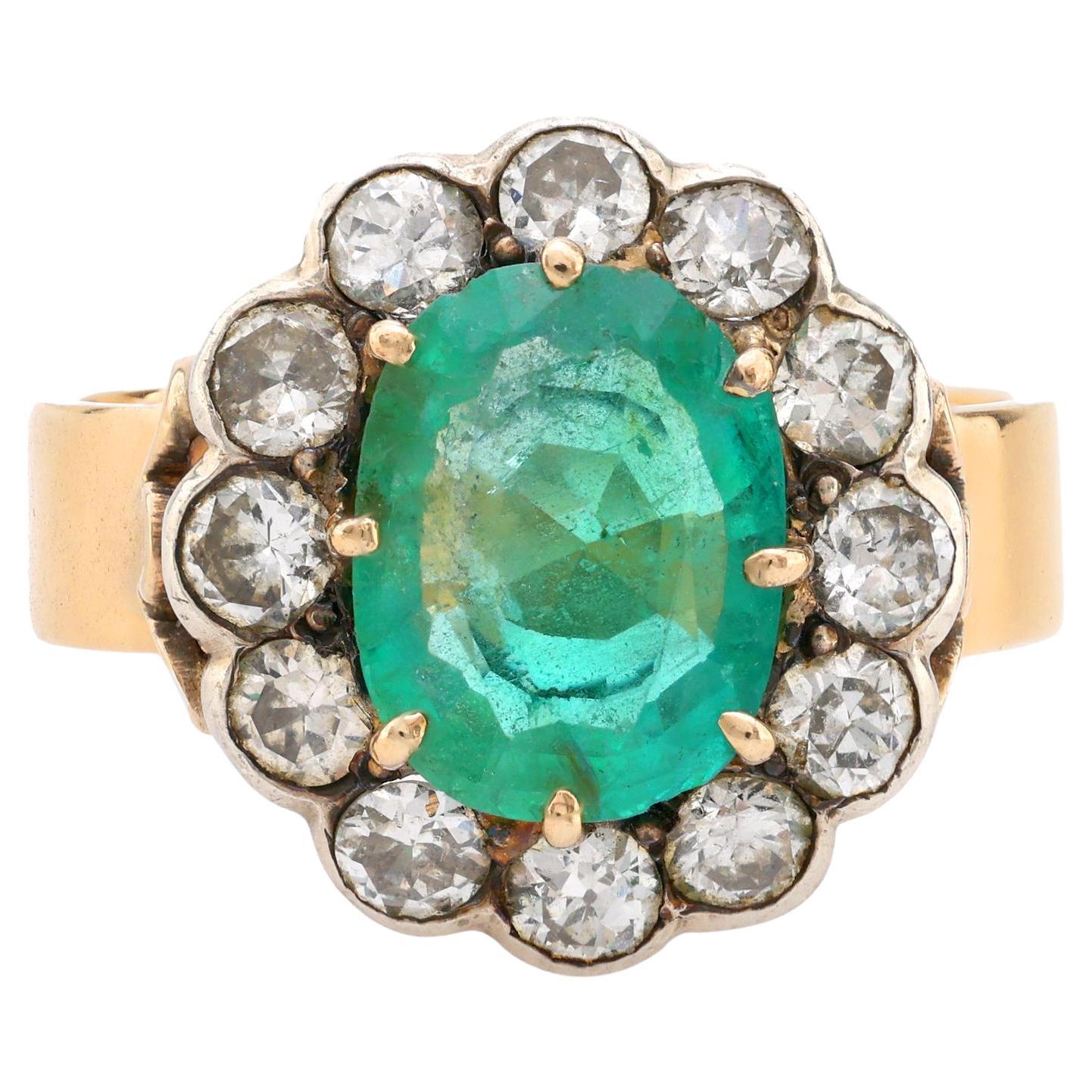Bague à grappes en or jaune 14 carats, diamants et émeraude de 1,70 carat, certifiée GIA, de style ancien