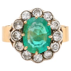 Anello a grappolo in stile antico GIA con diamante smeraldo da 1,70 carati in oro giallo 14 carati e argento A. Silver