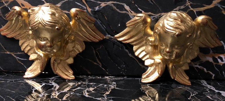 Antique Style Giltwood Pair of Small Sculpted Wood Winged Angels For ...