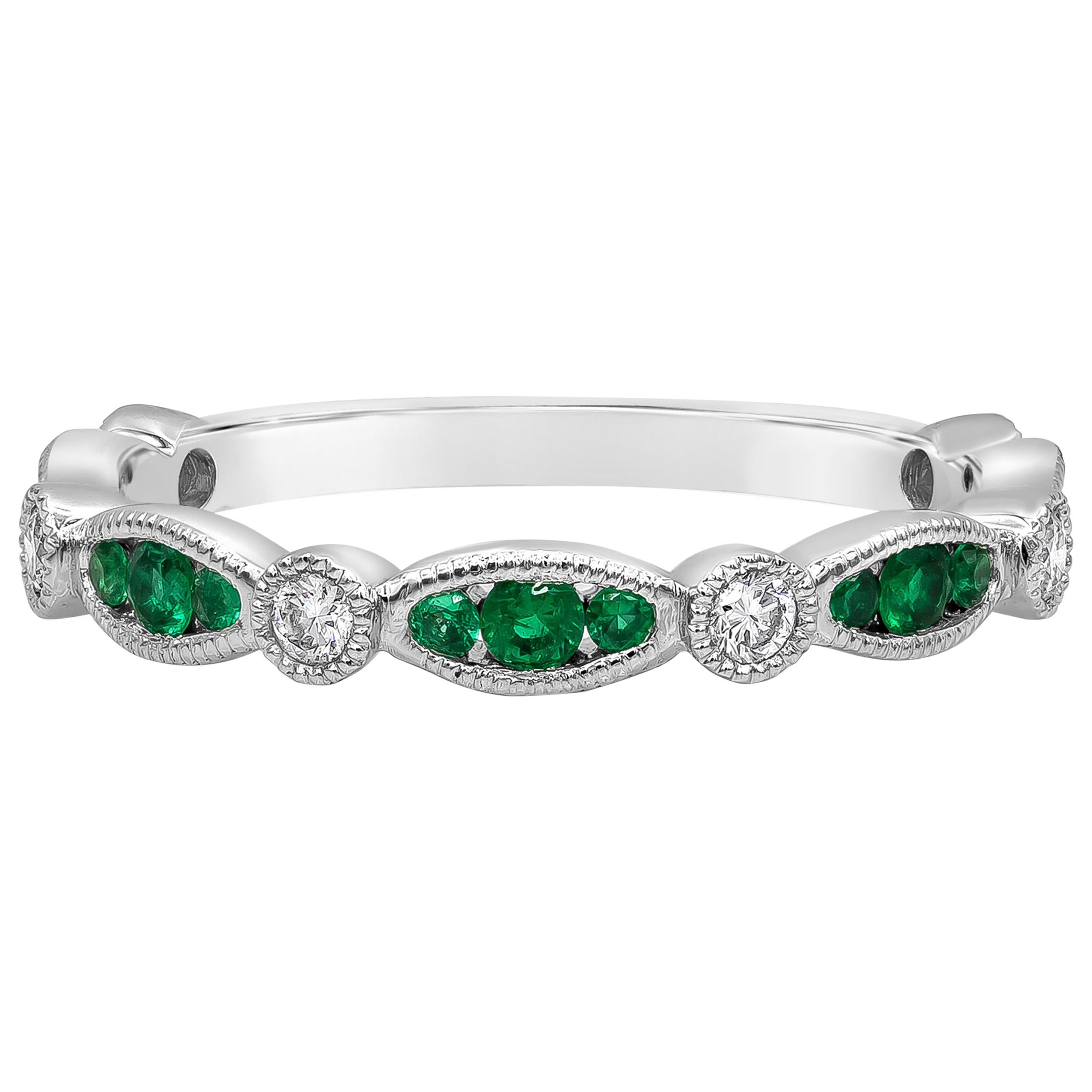 Roman Malakov Antique Style Green Emerald and Diamond Wedding Band