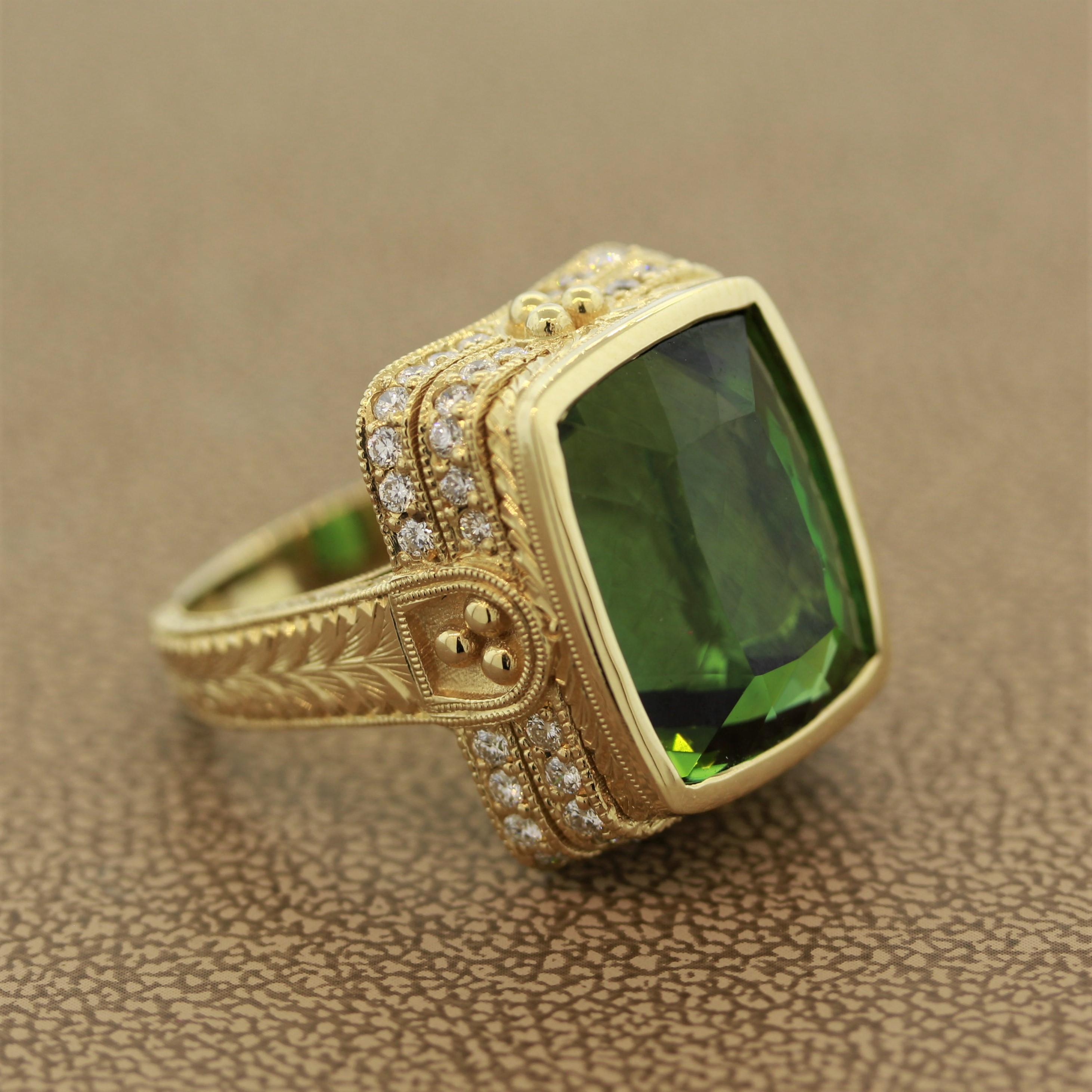 Cushion Cut Antique Style Green Tourmaline Diamond Gold Cocktail Ring For Sale