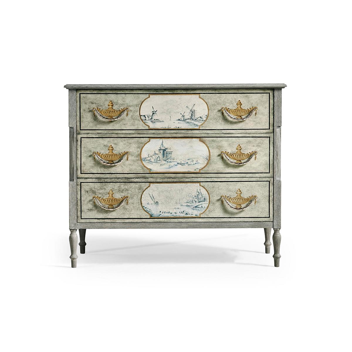 With a chipped blue finish infusing a touch of vintage character. The painted drawer fronts on crackled canvas are a true testament to craftsmanship and creativity. Each drawer front is hand-painted and meticulously crafted, then hand-rubbed to a