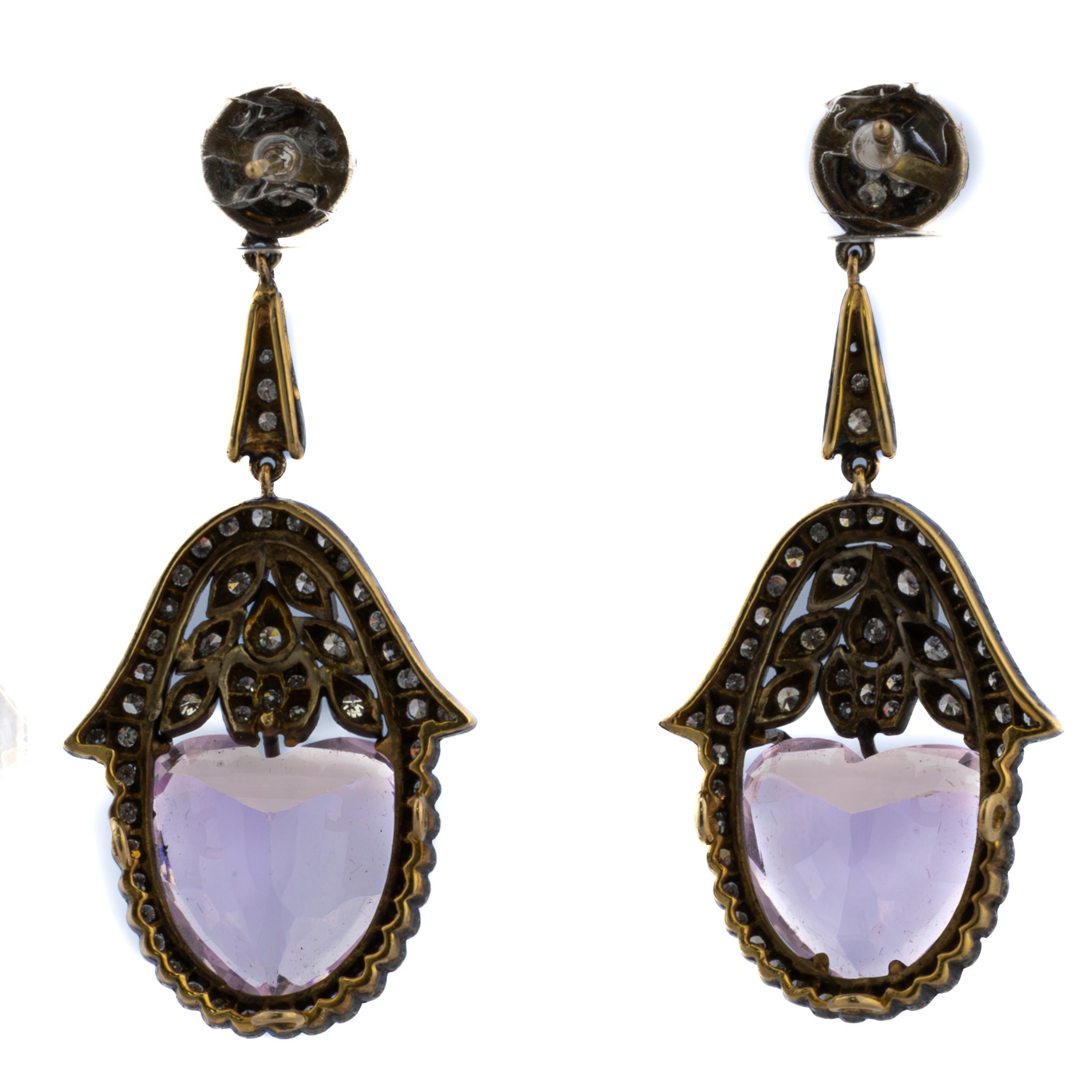 Rétro Orecchini antichi a forma di cuore in Kunzite e diamanti in vendita