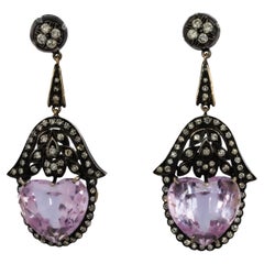 Antique-Style Heart-Shaped Kunzite and Diamond Earrings