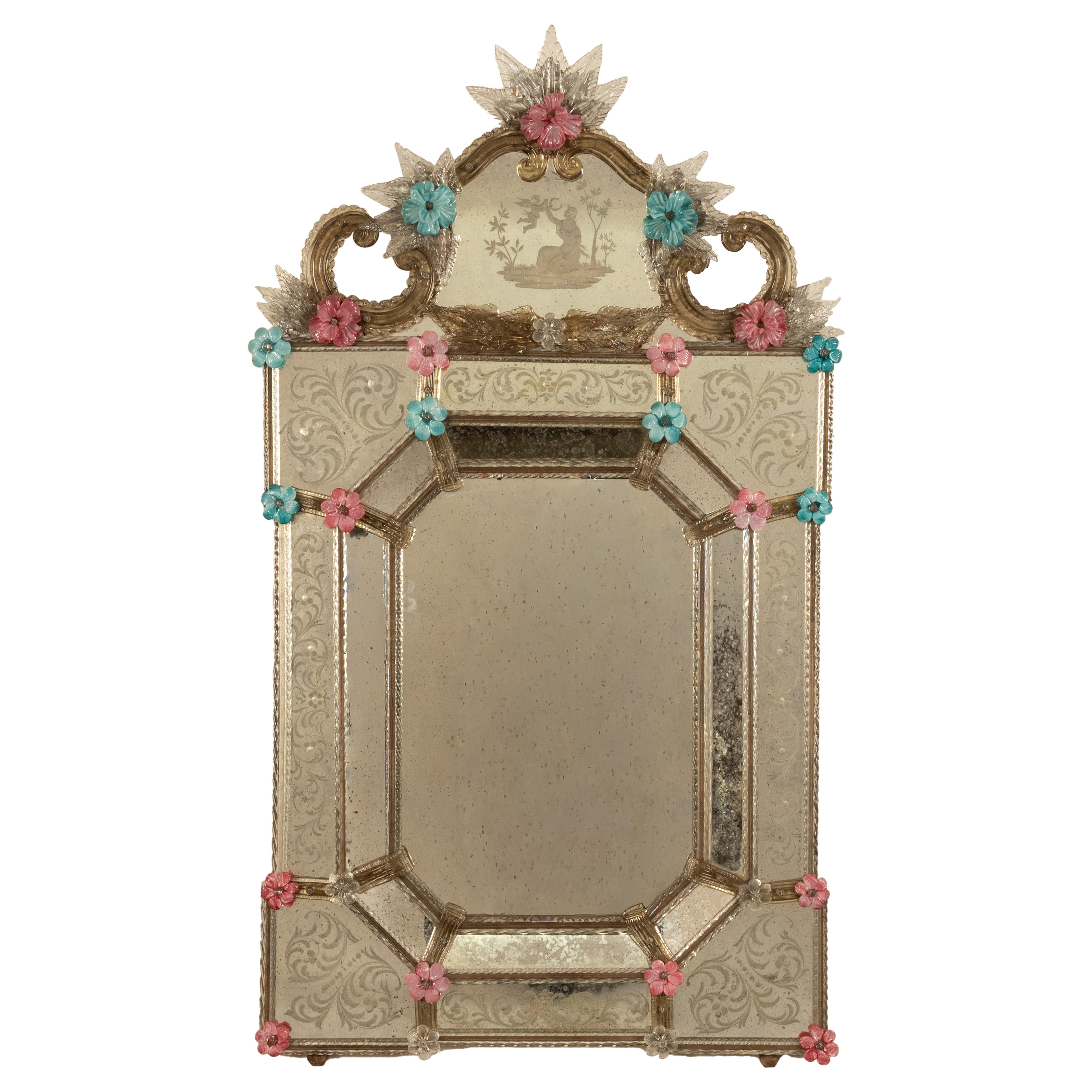 Antique Style Italian Handmade Murano Venetian Etched Glass Mirror Fratelli Tosi For Sale