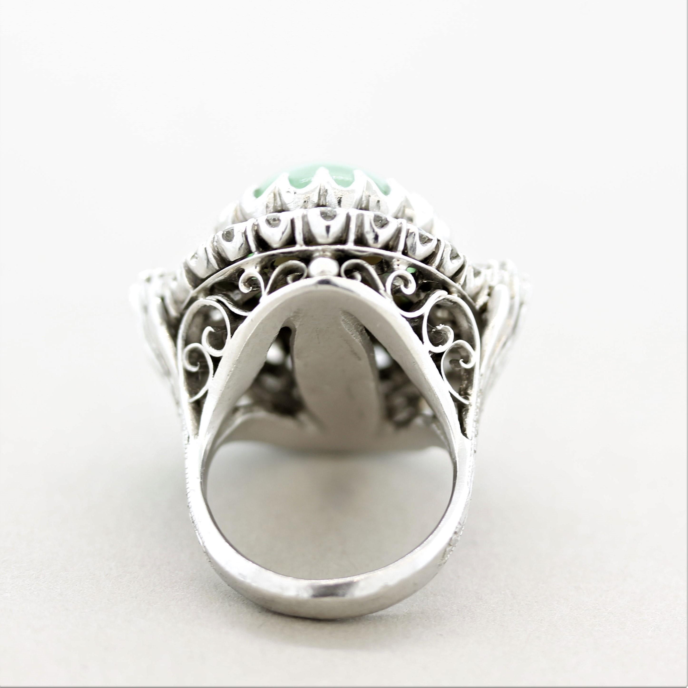 Mixed Cut Antique-Style Jadeite Jade Diamond Platinum Cocktail Ring, GIA Certified For Sale
