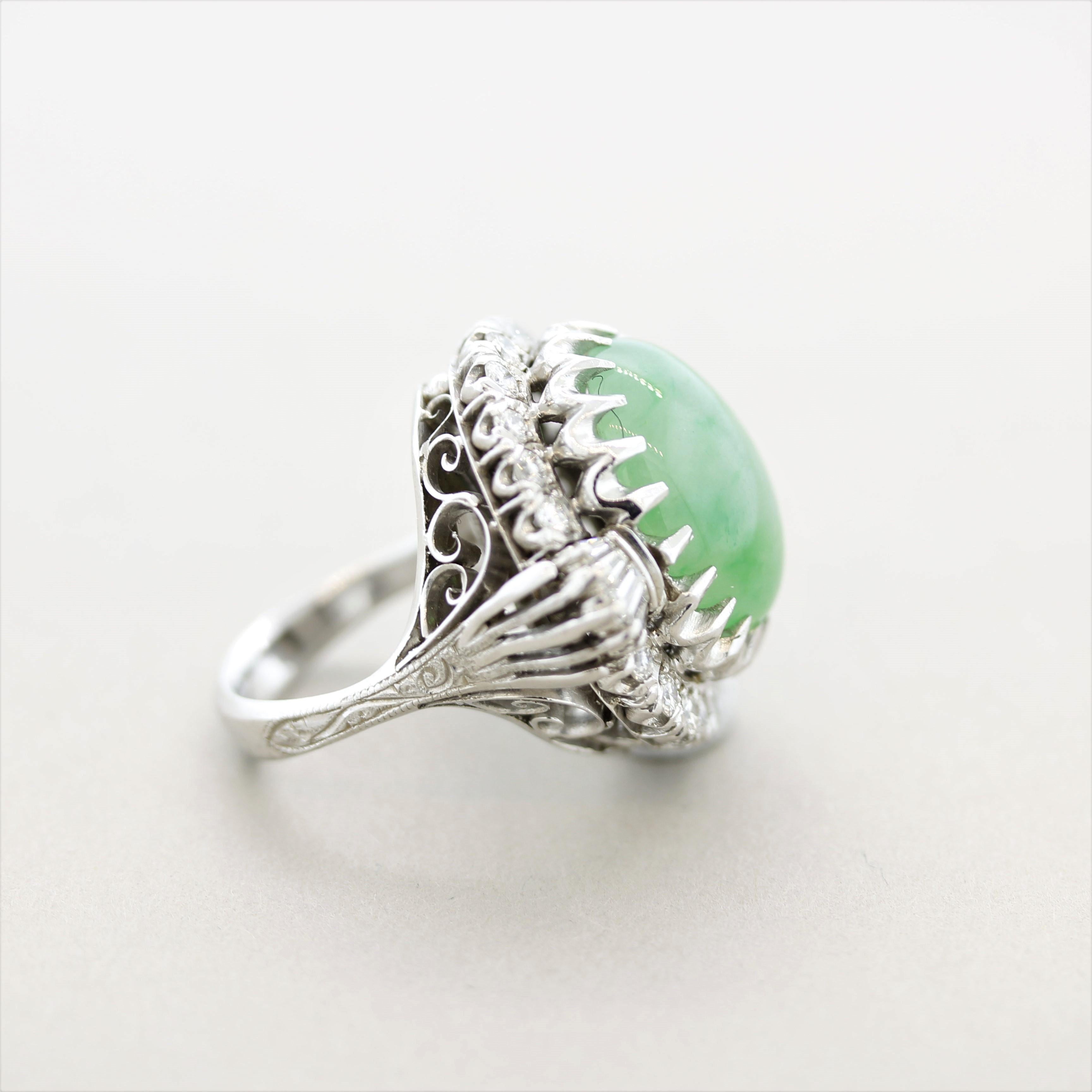 Antique-Style Jadeite Jade Diamond Platinum Cocktail Ring, GIA Certified In New Condition For Sale In Beverly Hills, CA