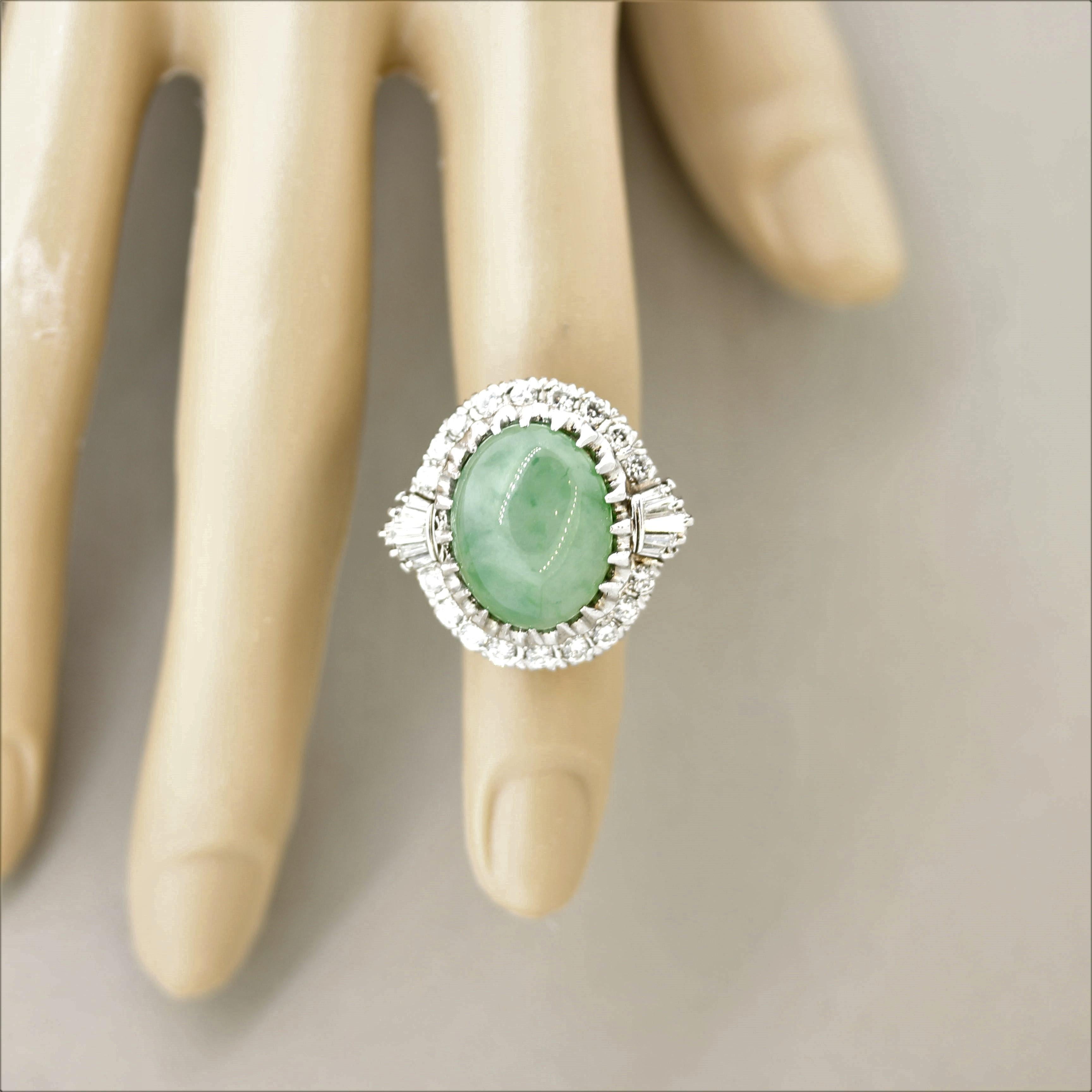 Women's Antique-Style Jadeite Jade Diamond Platinum Cocktail Ring, GIA Certified For Sale