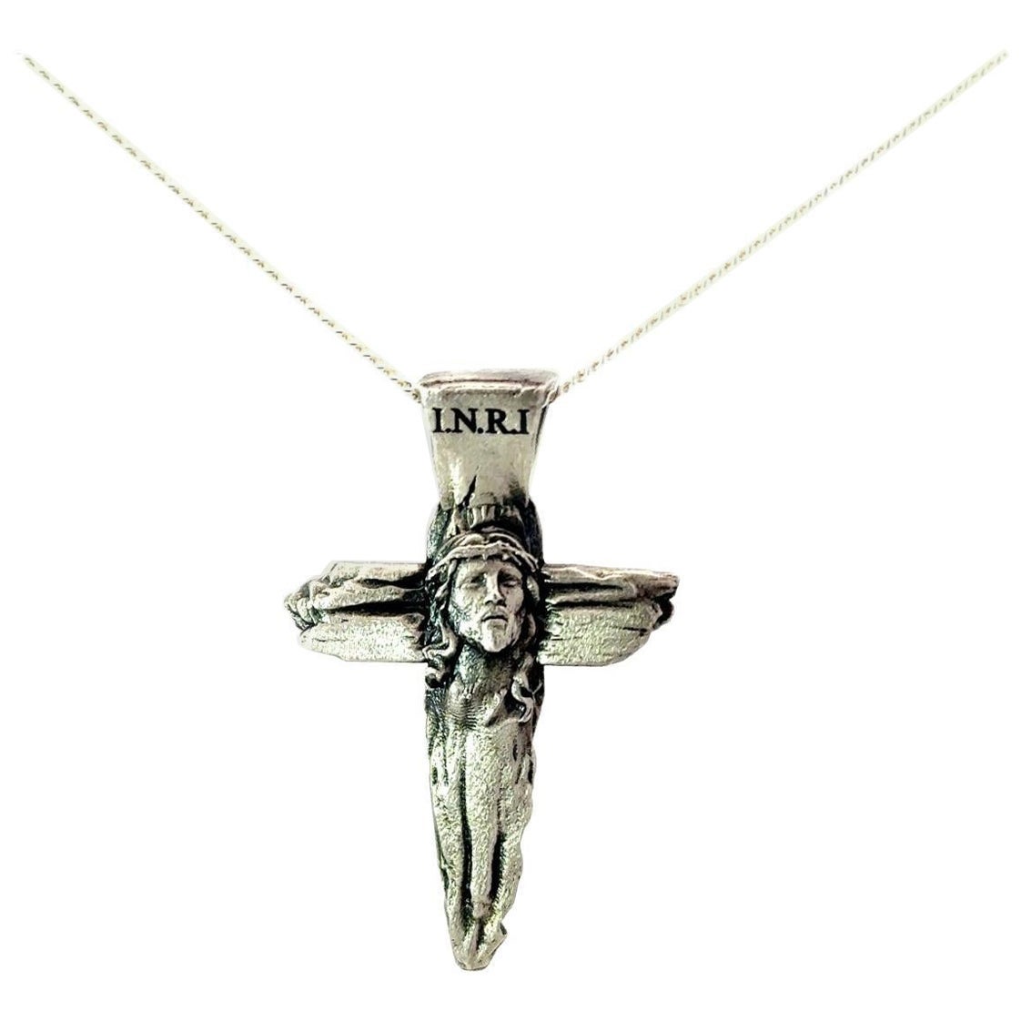 Antiguo Colgante Católico Jesús en la Cruz de Plata de Ley 925