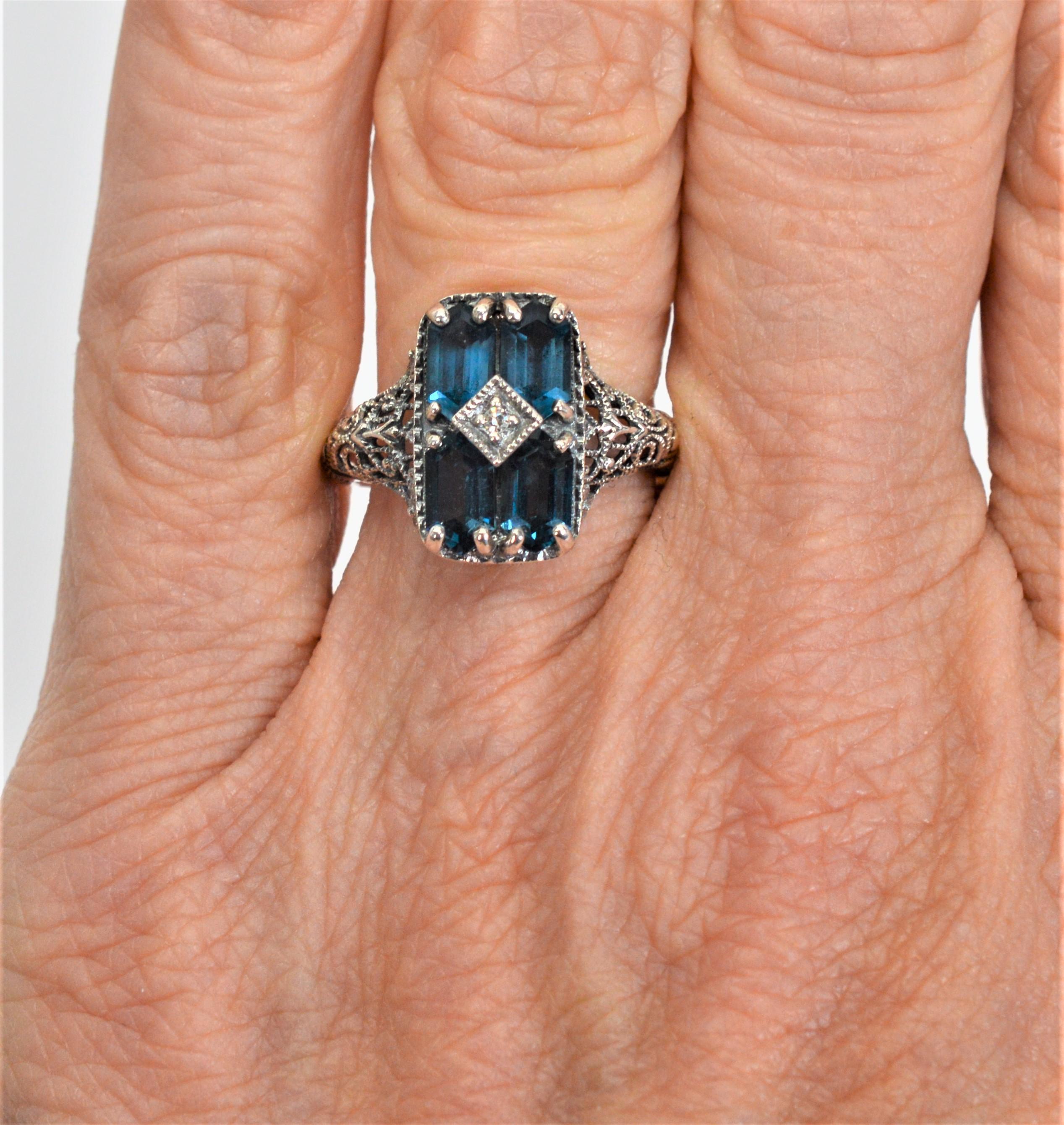 Art Deco Antique Style London Blue Topaz Sterling Silver Filigree Ring w Diamond Accent For Sale