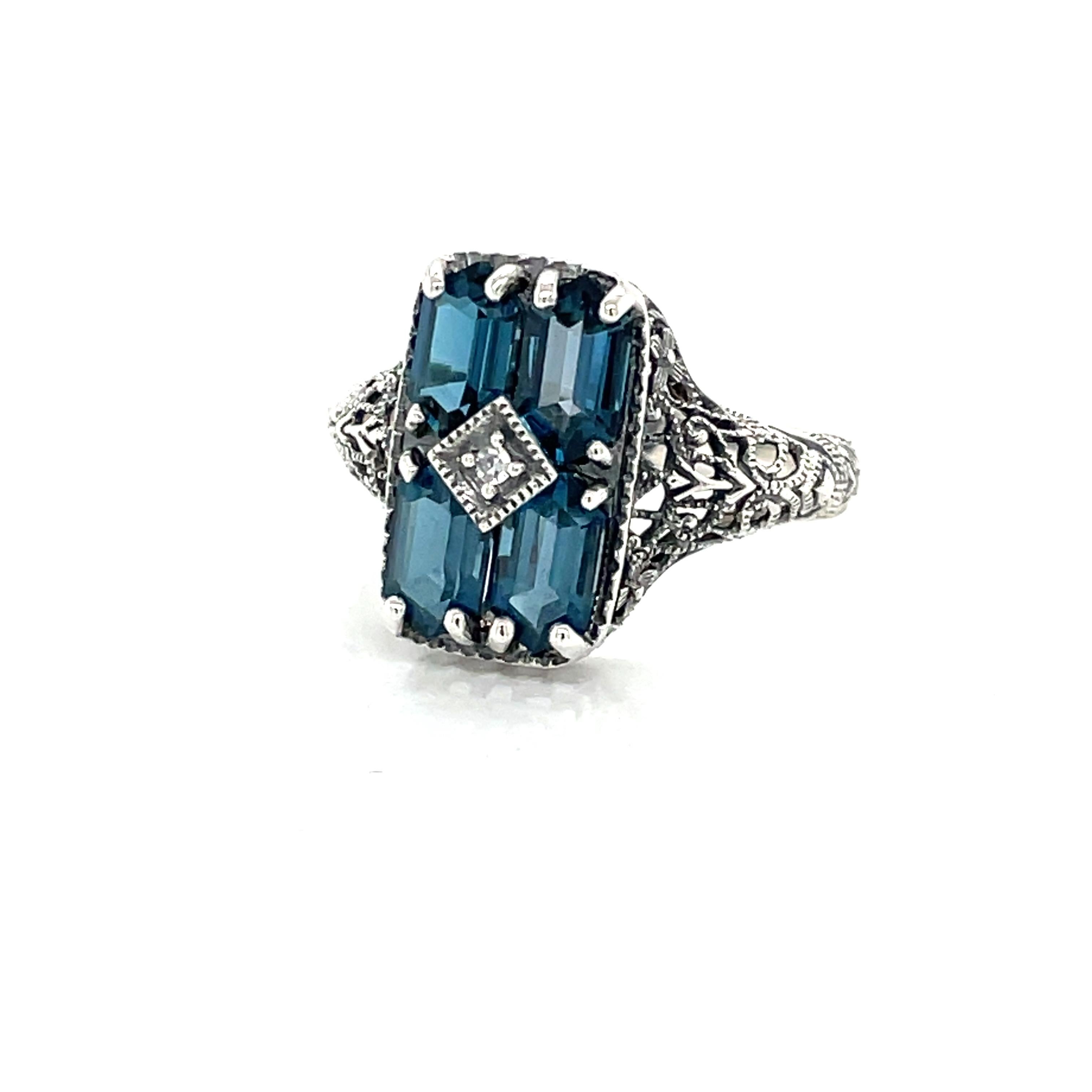 Hexagon Cut Antique Style London Blue Topaz Sterling Silver Filigree Ring w Diamond Accent For Sale