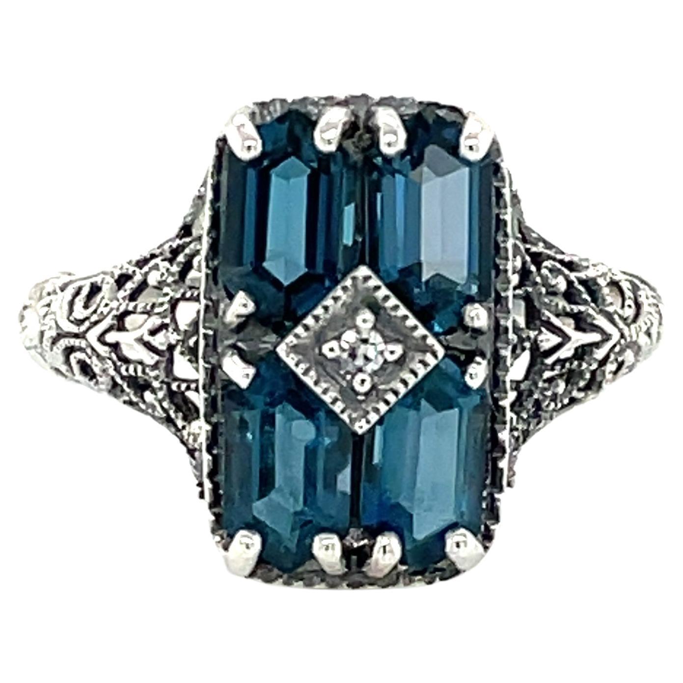 Antique Style London Blue Topaz Sterling Silver Filigree Ring w Diamond Accent For Sale