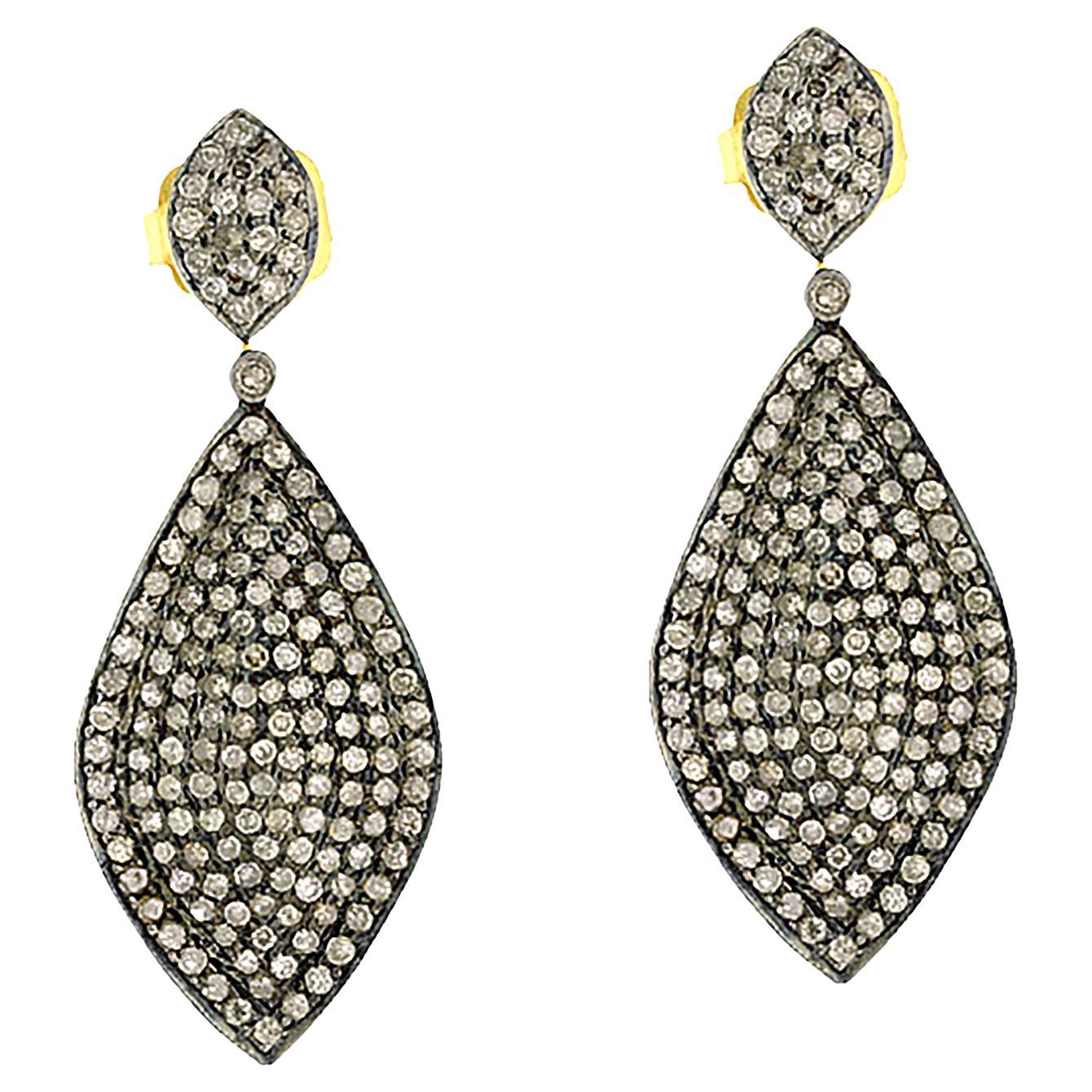 Orecchini a goccia con diamanti marquise in stile antico in oro 14KT e argento in vendita