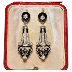 Antique Style New Made 14k Gold Natural Diamond Decorated Drop Enamel Earring 