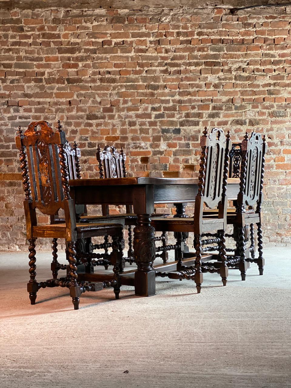 Oak refectory table and six Carolean dining chairs set 2

Fabulous antique style English Oak refectory table matched with six oak Carolean dining chairs, the detachable thick plank top, raised on fluted cup and cover baluster columns supports with