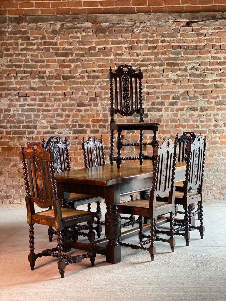 Antique Style Oak Refectory Table and Six Carolean Dining Chairs Set 2