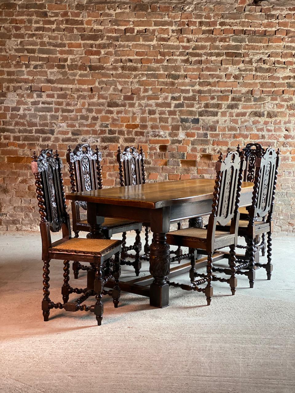 Gothic Revival Antique Style Oak Refectory Table and Six Carolean Dining Chairs Set 2