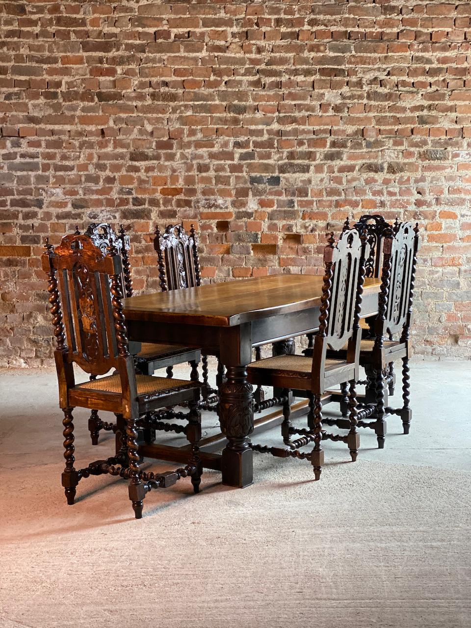 British Antique Style Oak Refectory Table and Six Carolean Dining Chairs Set 2