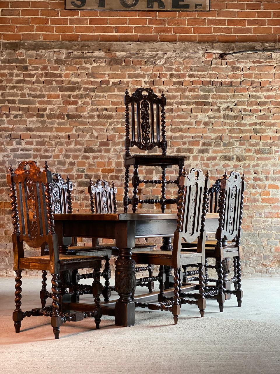 Mid-20th Century Antique Style Oak Refectory Table and Six Carolean Dining Chairs Set 2