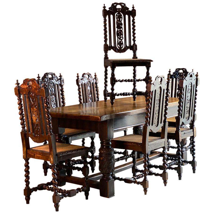 Antique Style Oak Refectory Table and Six Carolean Dining Chairs Set 2