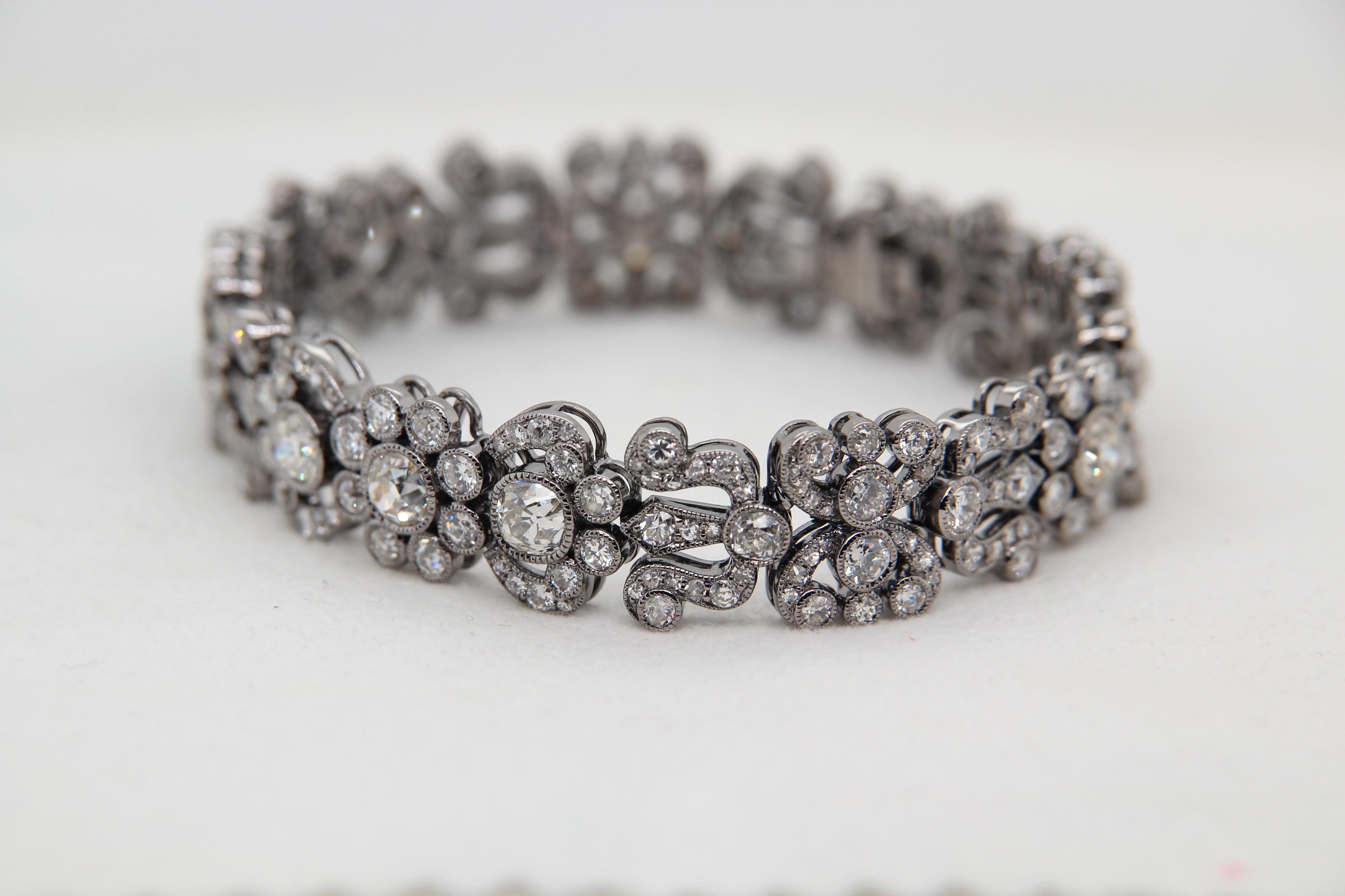 A new antique style bracelet with old cut diamonds. The total diamond weight is 12.34 carat and the total bracelet weight is 36.04 grams. 