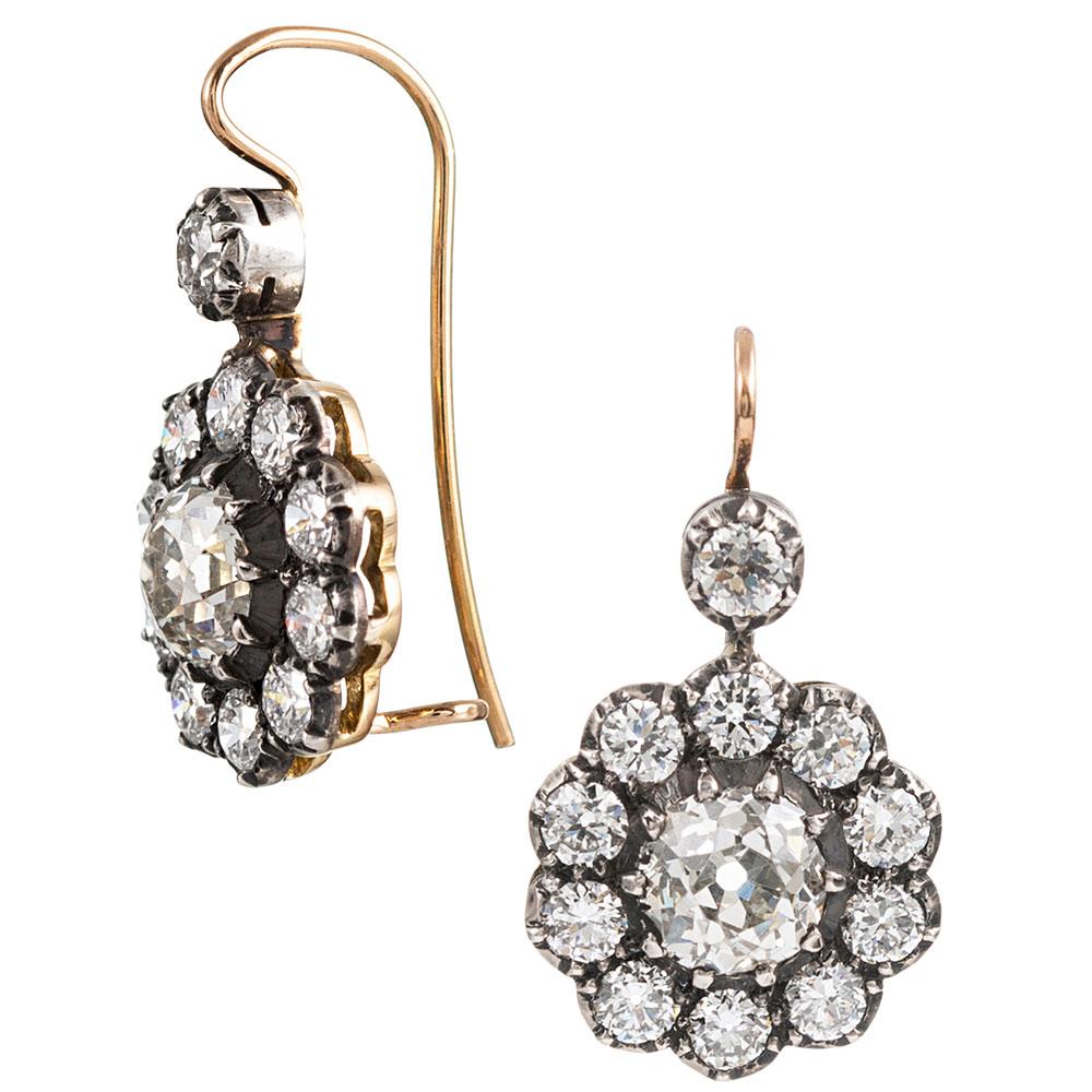 Antique Style Old European Cut Diamond Cluster Drop Earrings In New Condition In Carmel-by-the-Sea, CA