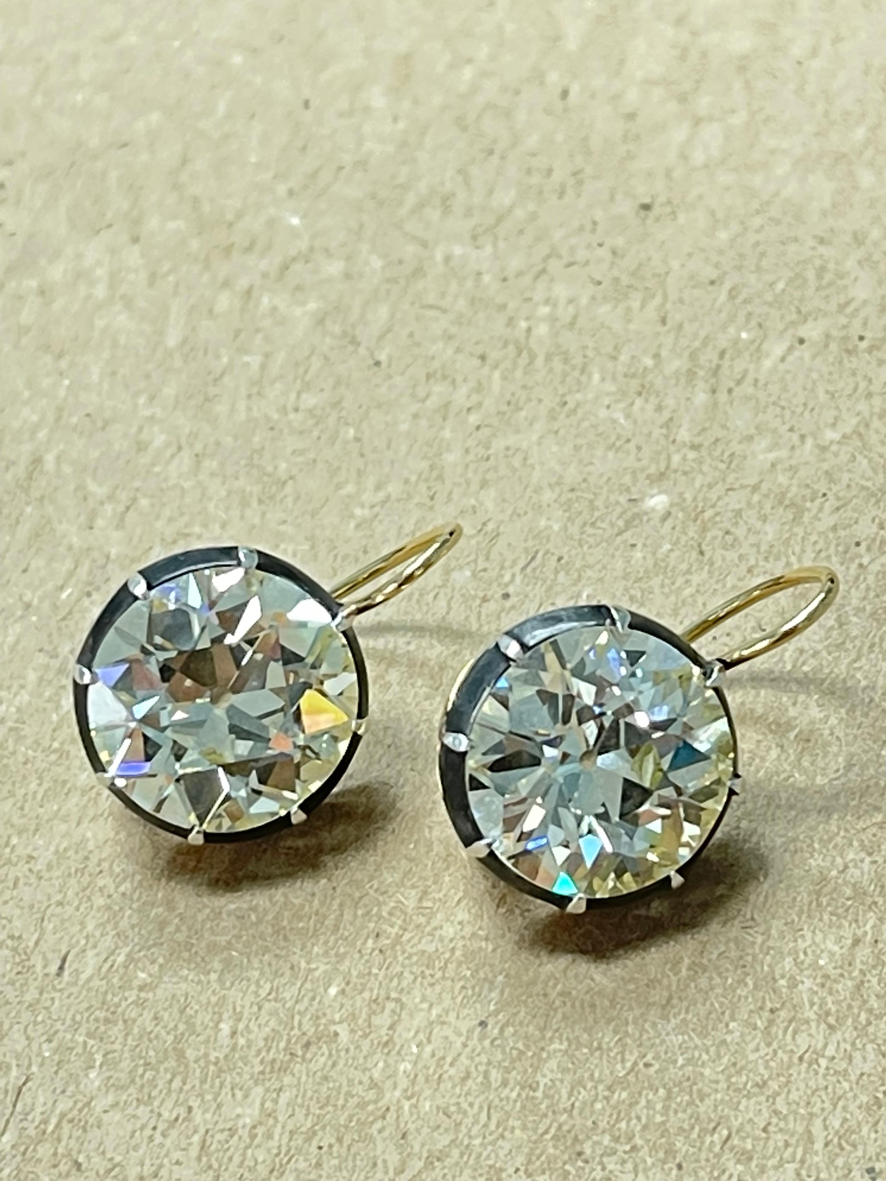 Antique Style Old European Cut Diamond Dangle Earrings In Silver And Yellow Gold 5