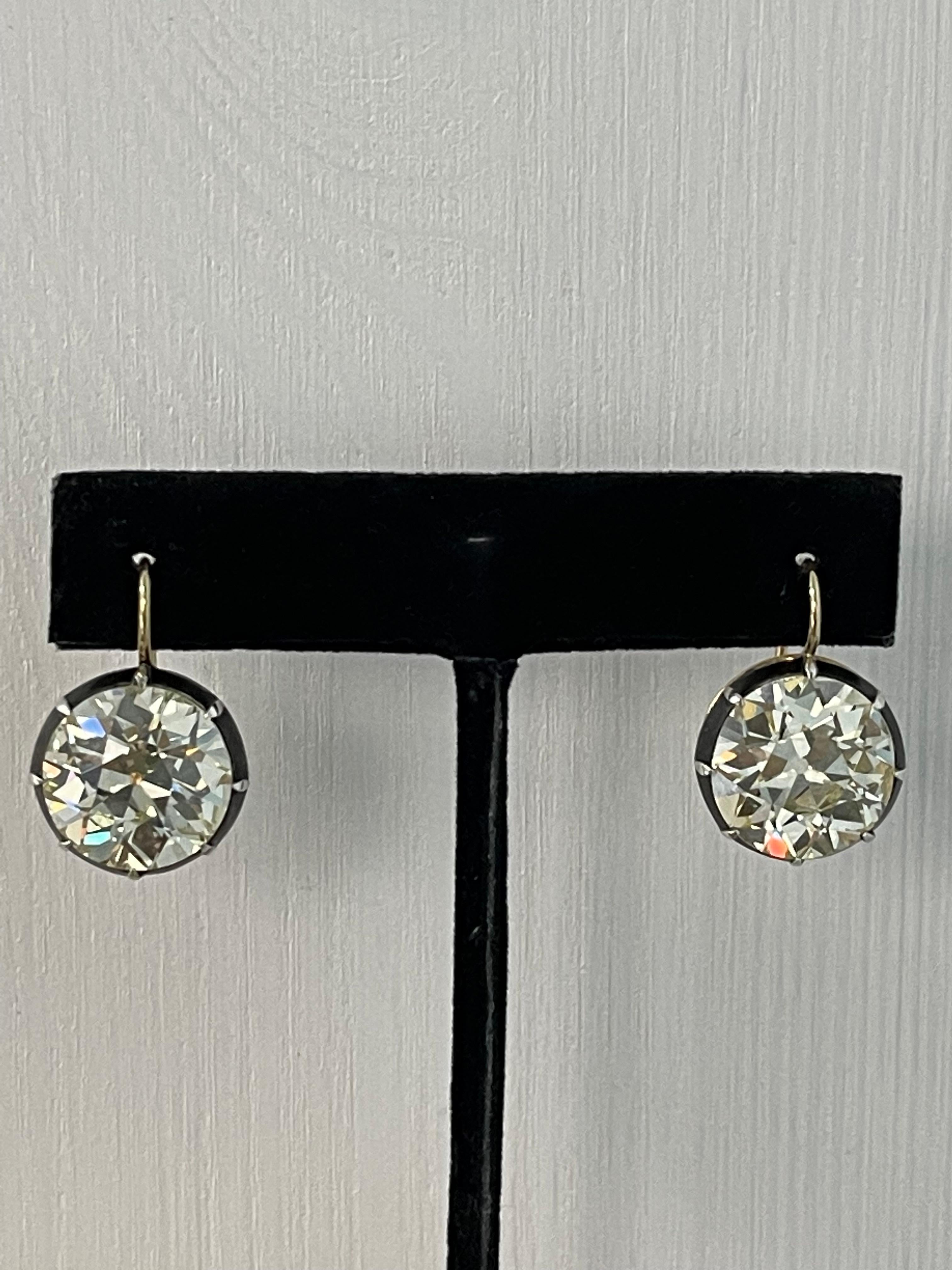 Antique Style Old European Cut Diamond Dangle Earrings In Silver And Yellow Gold 8