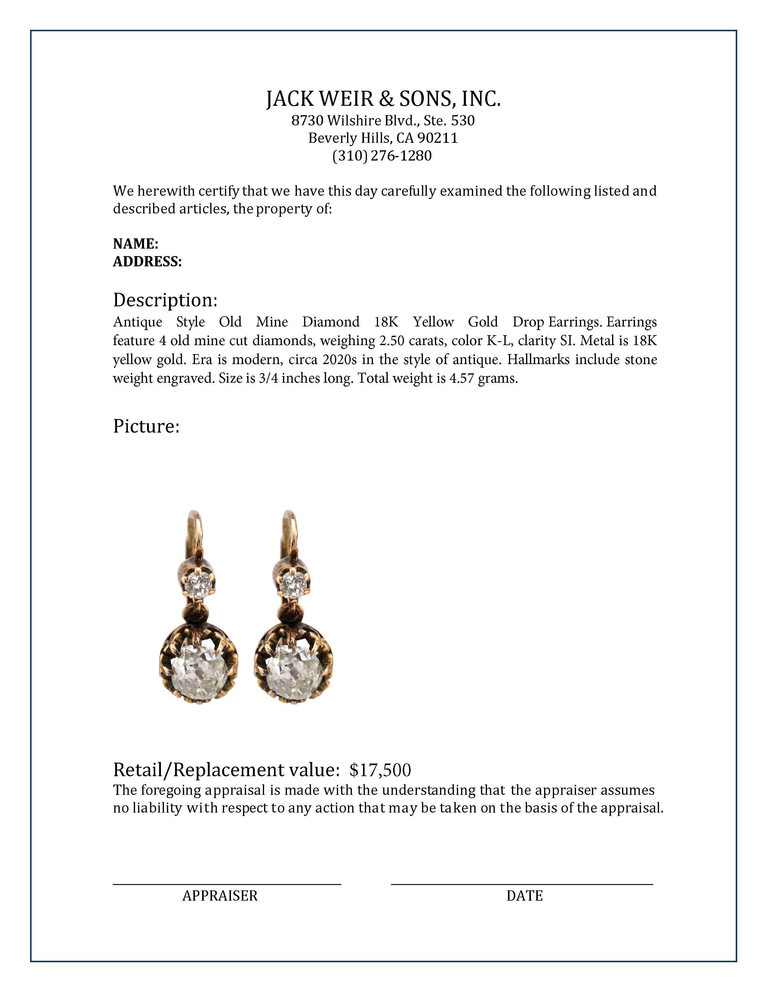 Boucles d'oreilles pendantes en or jaune 18 carats, style antique, diamants mine ancienne Unisexe en vente