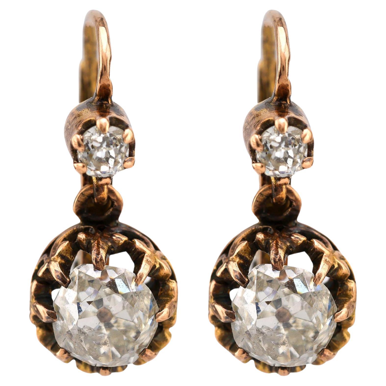 Antique Style Old Mine Diamond 18K Yellow Gold Drop Earrings