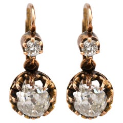 Antique Style Old Mine Diamond 18K Yellow Gold Drop Earrings