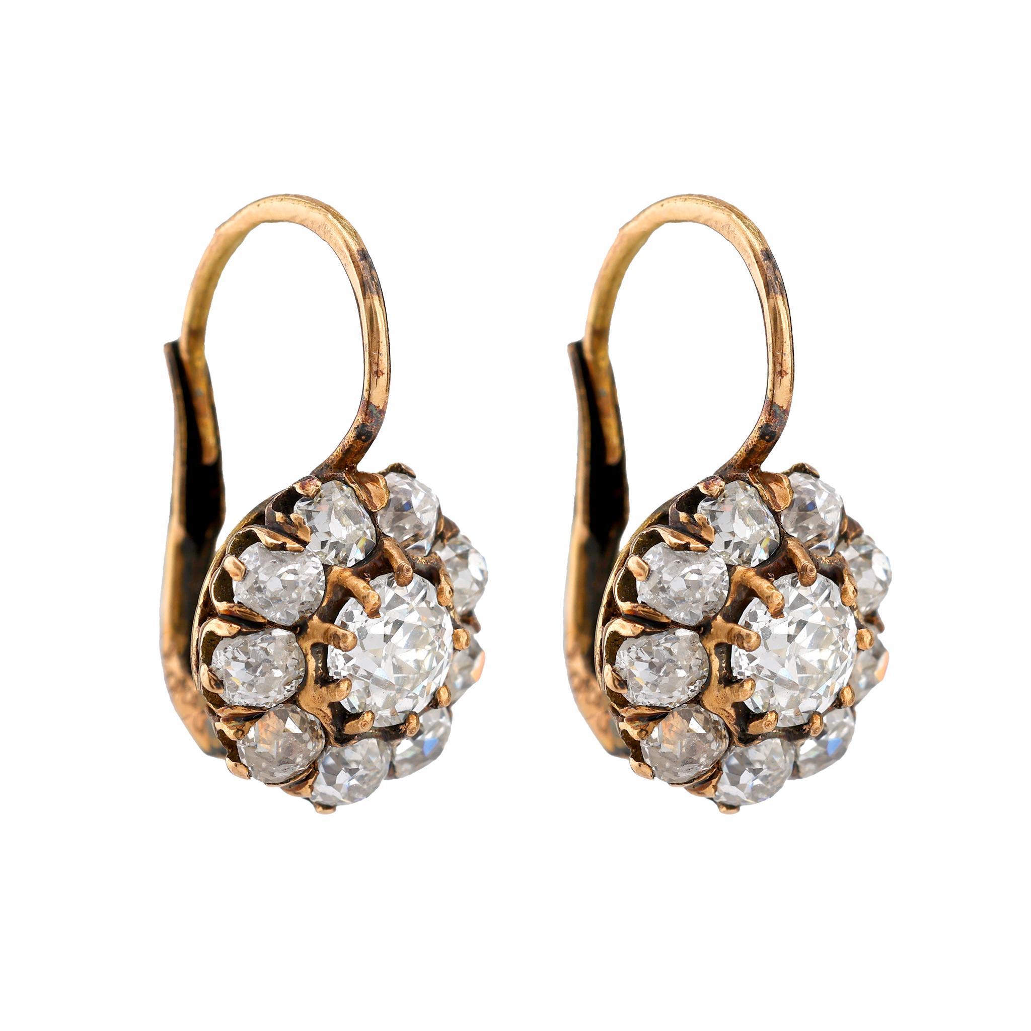 Antike Stil Alte Mine Diamant 18K Gelbgold Blume Cluster Tropfen Ohrringe (Alteuropäischer Brillantschliff)