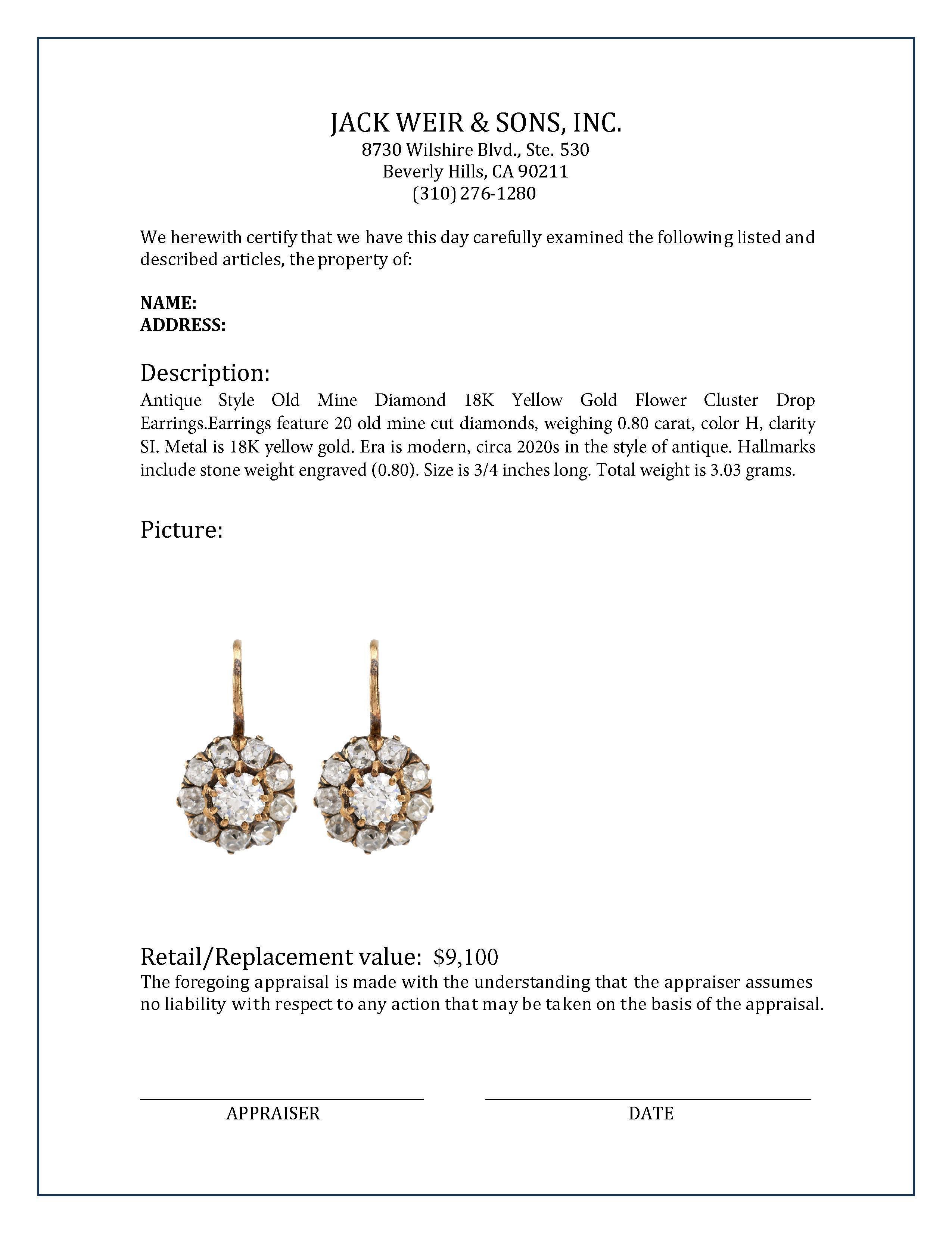 Antike Stil Alte Mine Diamant 18K Gelbgold Blume Cluster Tropfen Ohrringe für Damen oder Herren