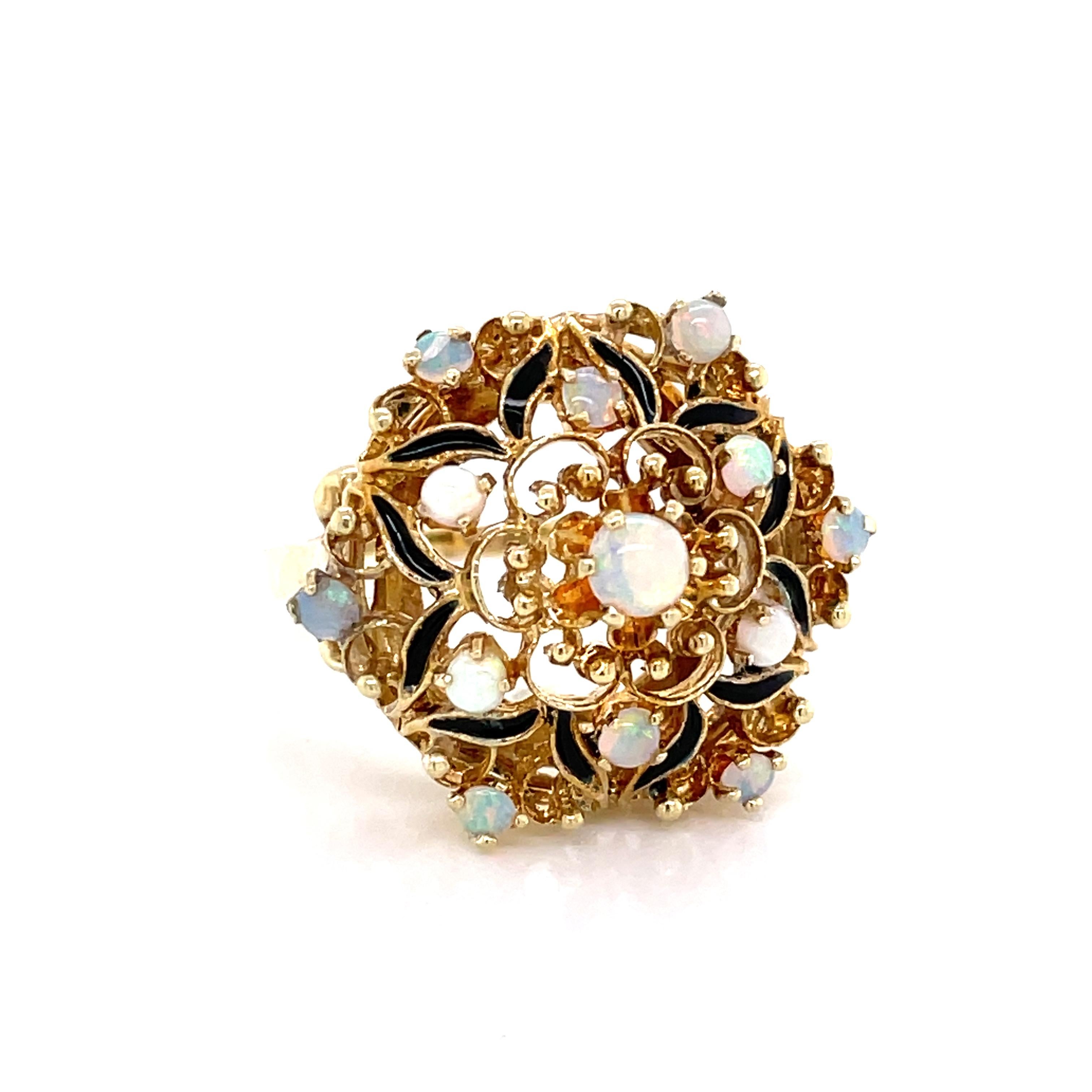 Antique Style Opal 14 Karat Yellow Gold Floral Burst Cocktail Ring 4