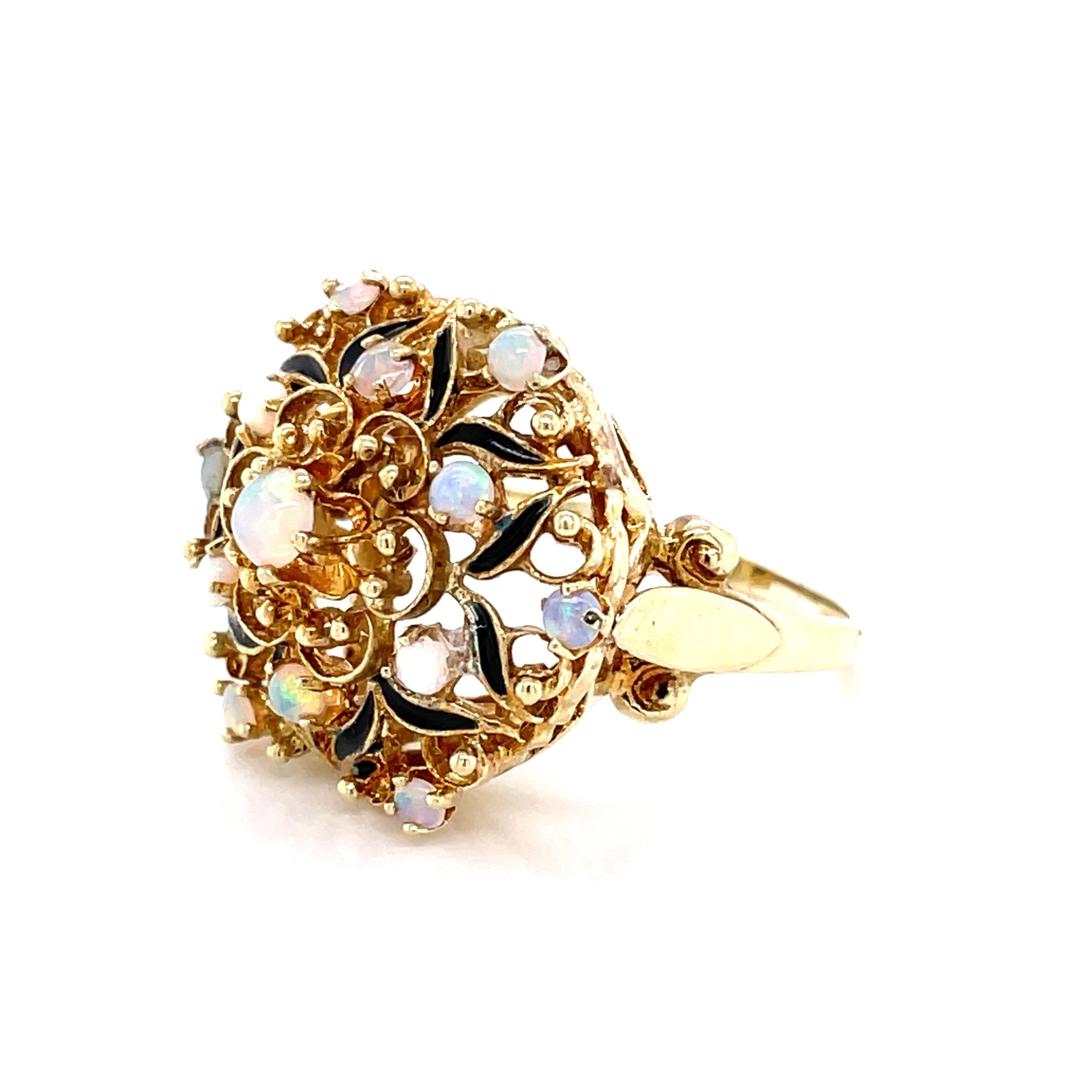 Antique Style Opal 14 Karat Yellow Gold Floral Burst Cocktail Ring 5
