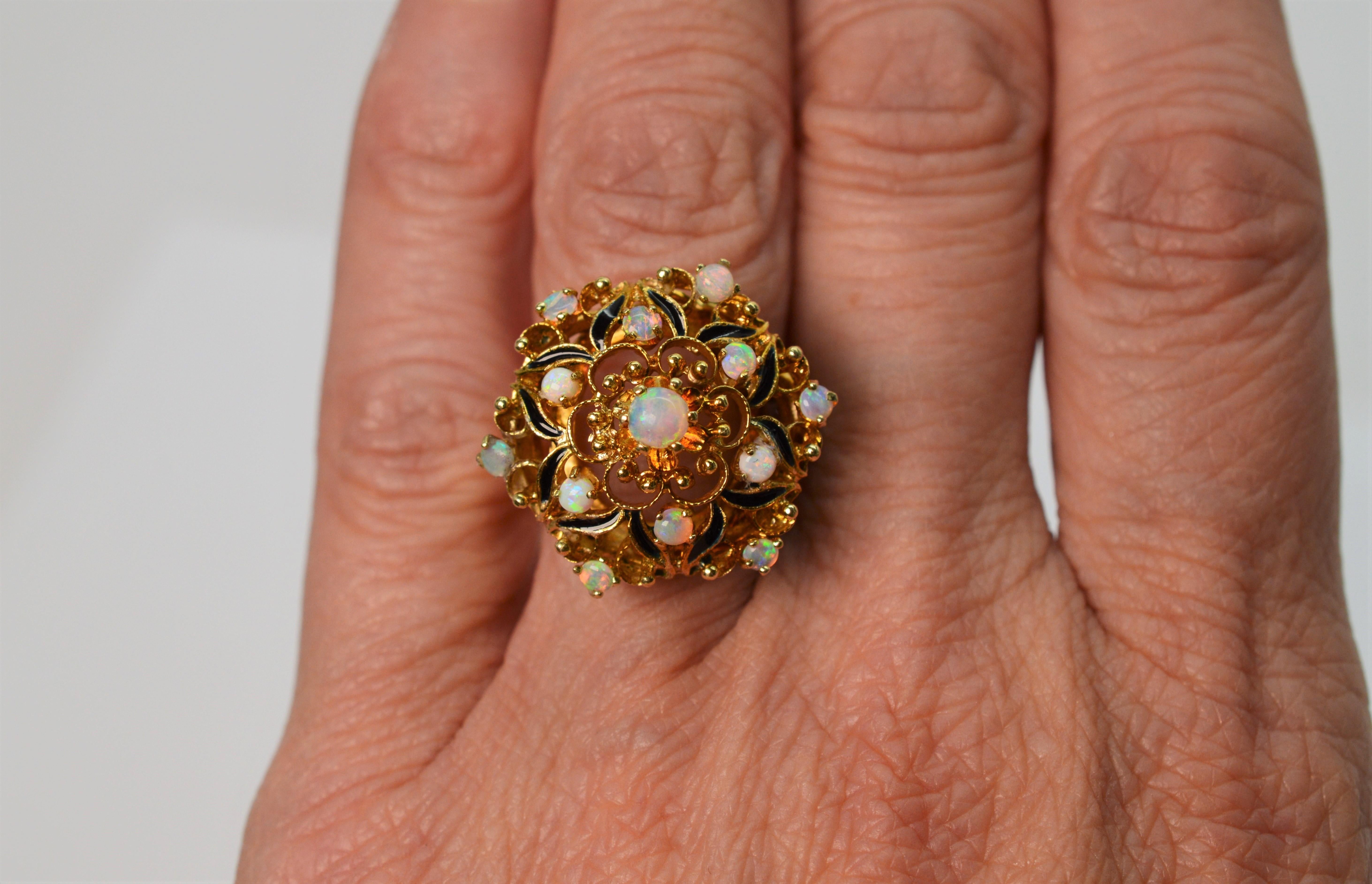 Antique Style Opal 14 Karat Yellow Gold Floral Burst Cocktail Ring 6