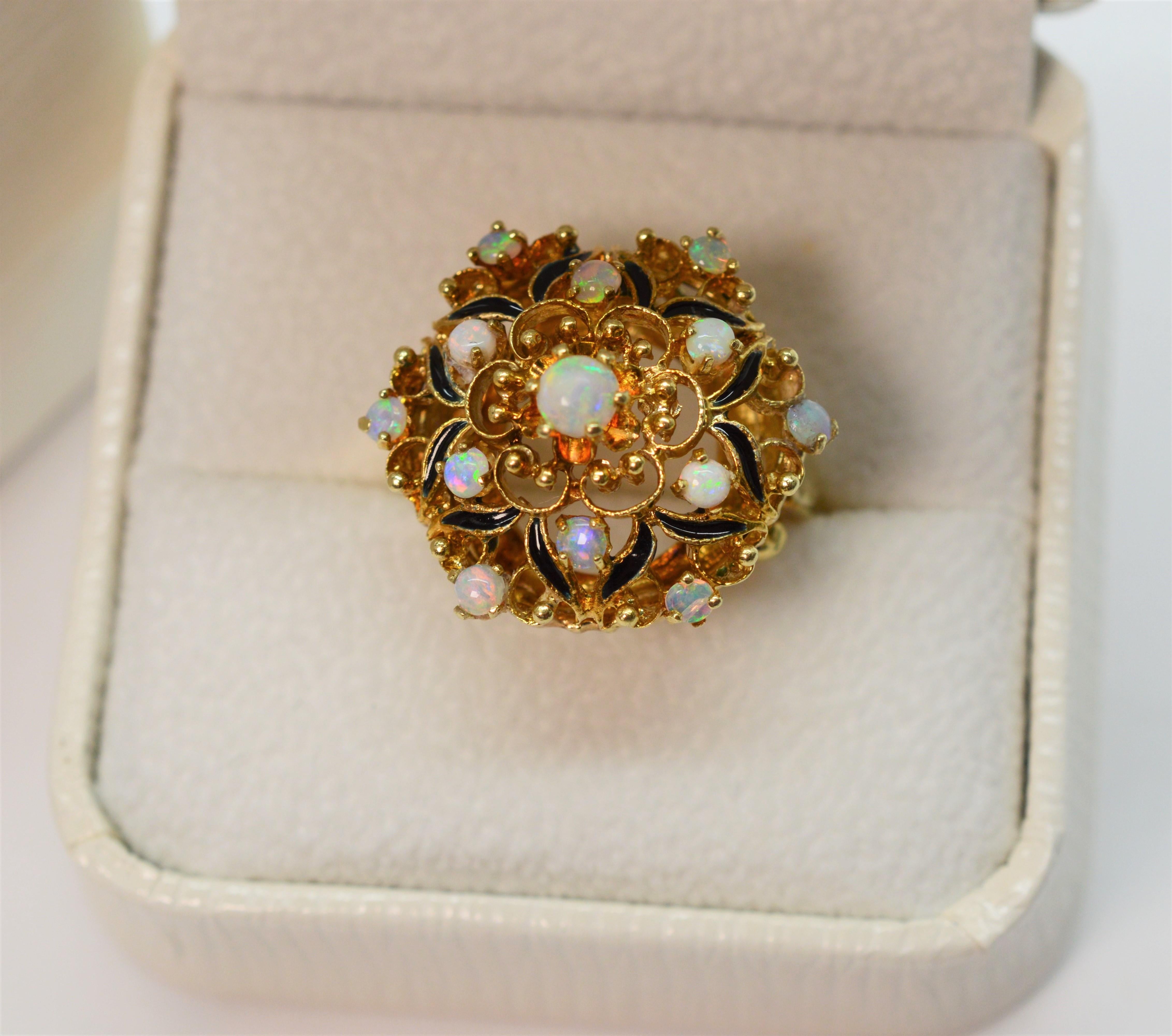 Antique Style Opal 14 Karat Yellow Gold Floral Burst Cocktail Ring 8