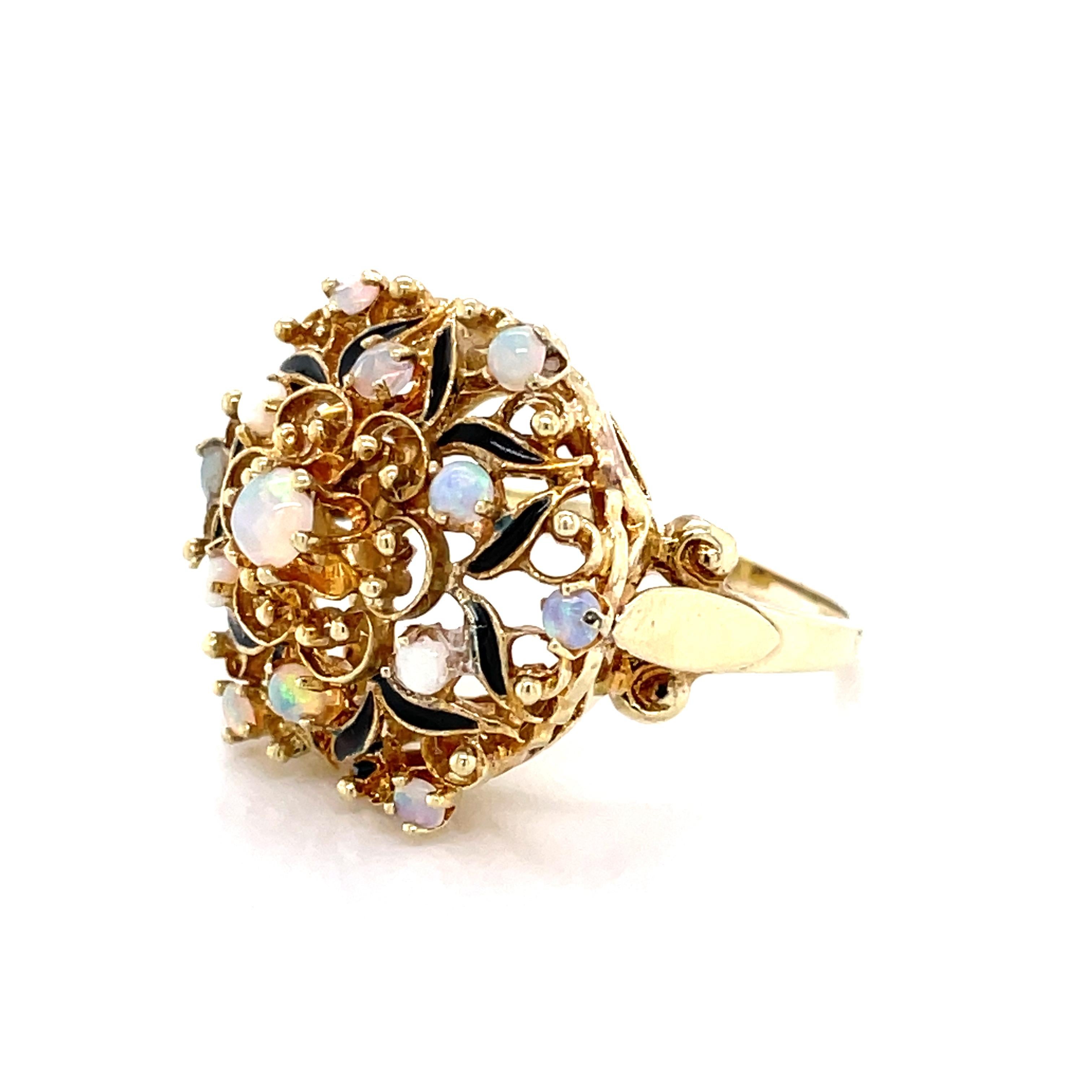 Cabochon Antique Style Opal 14 Karat Yellow Gold Floral Burst Cocktail Ring