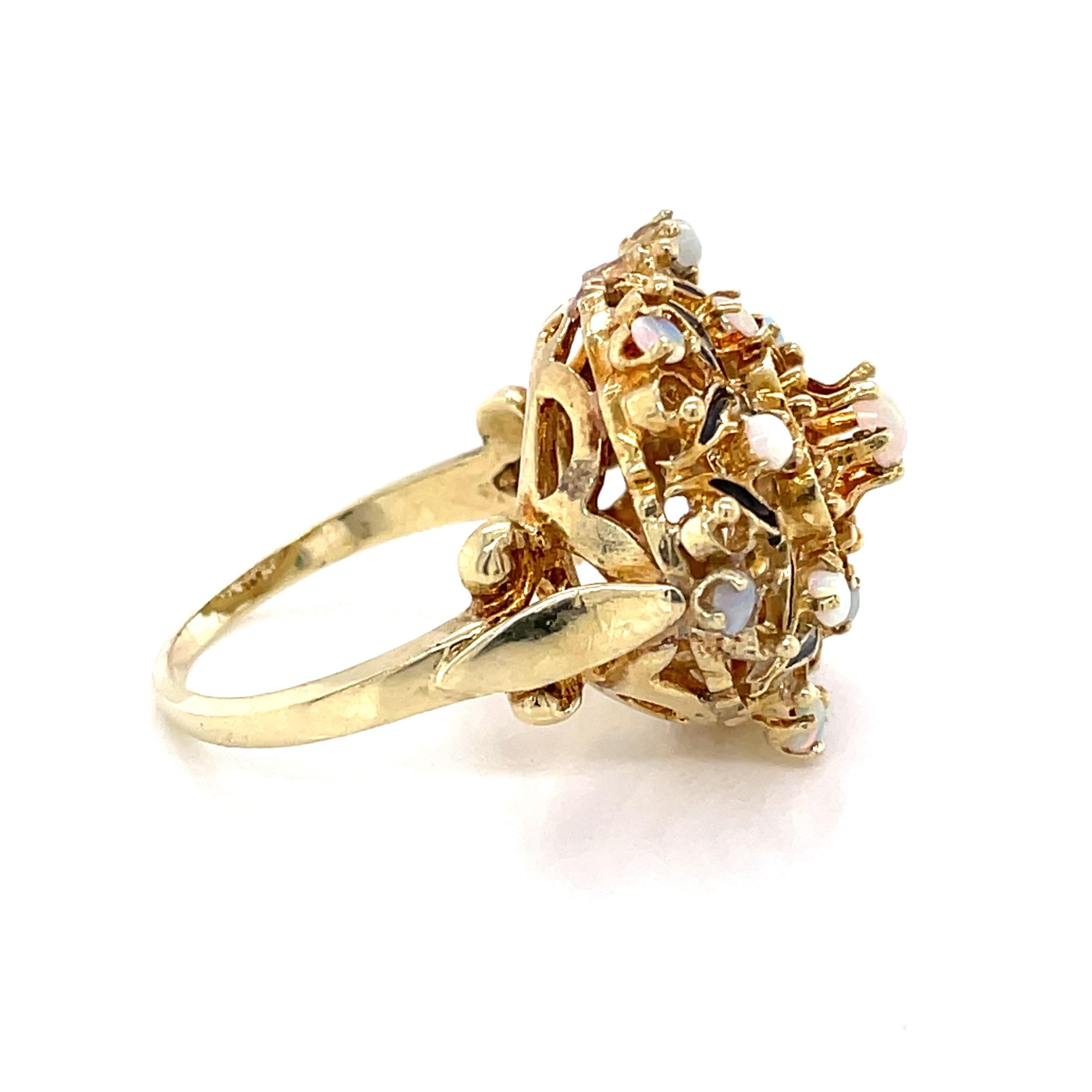 Antique Style Opal 14 Karat Yellow Gold Floral Burst Cocktail Ring In Excellent Condition In Mount Kisco, NY