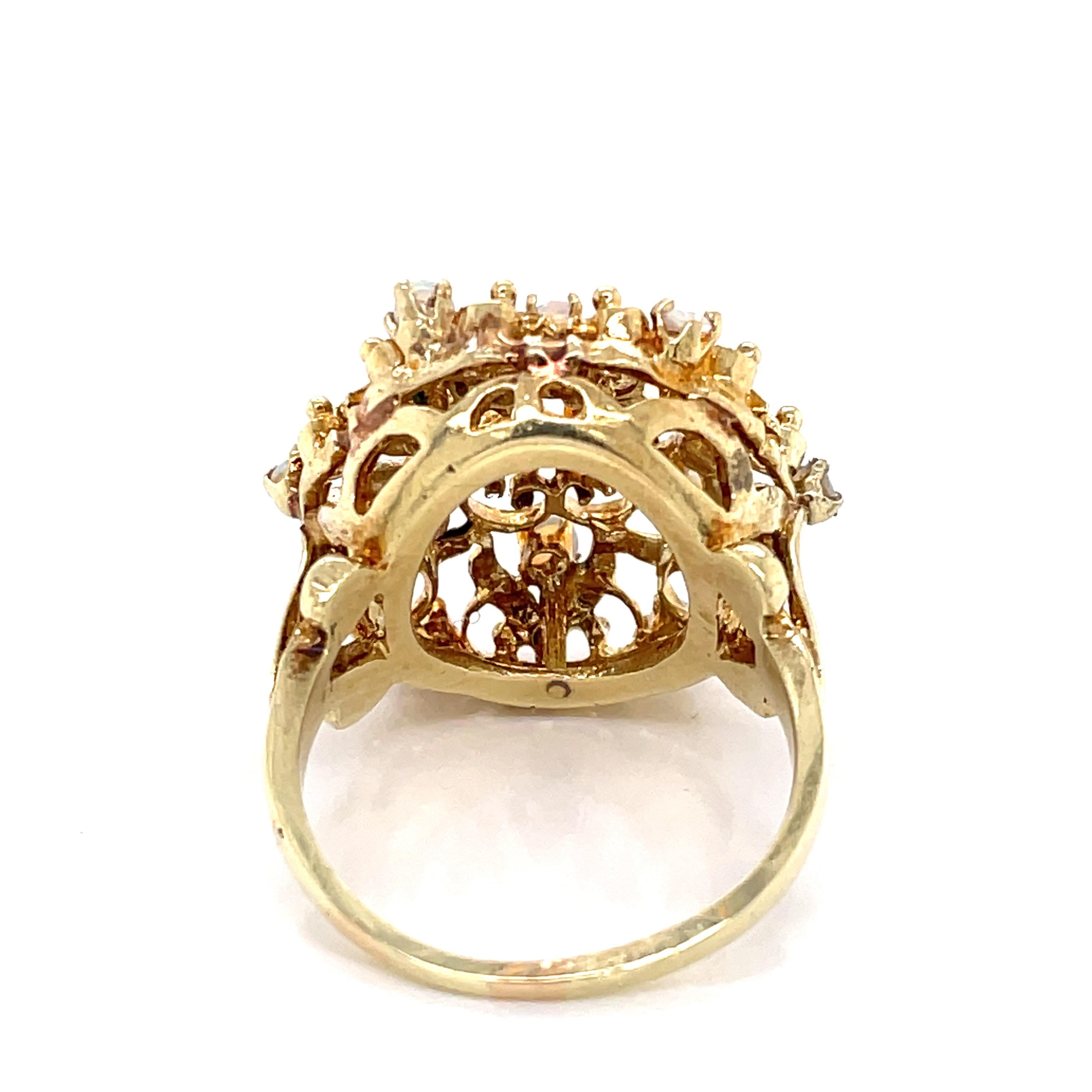 Women's Antique Style Opal 14 Karat Yellow Gold Floral Burst Cocktail Ring
