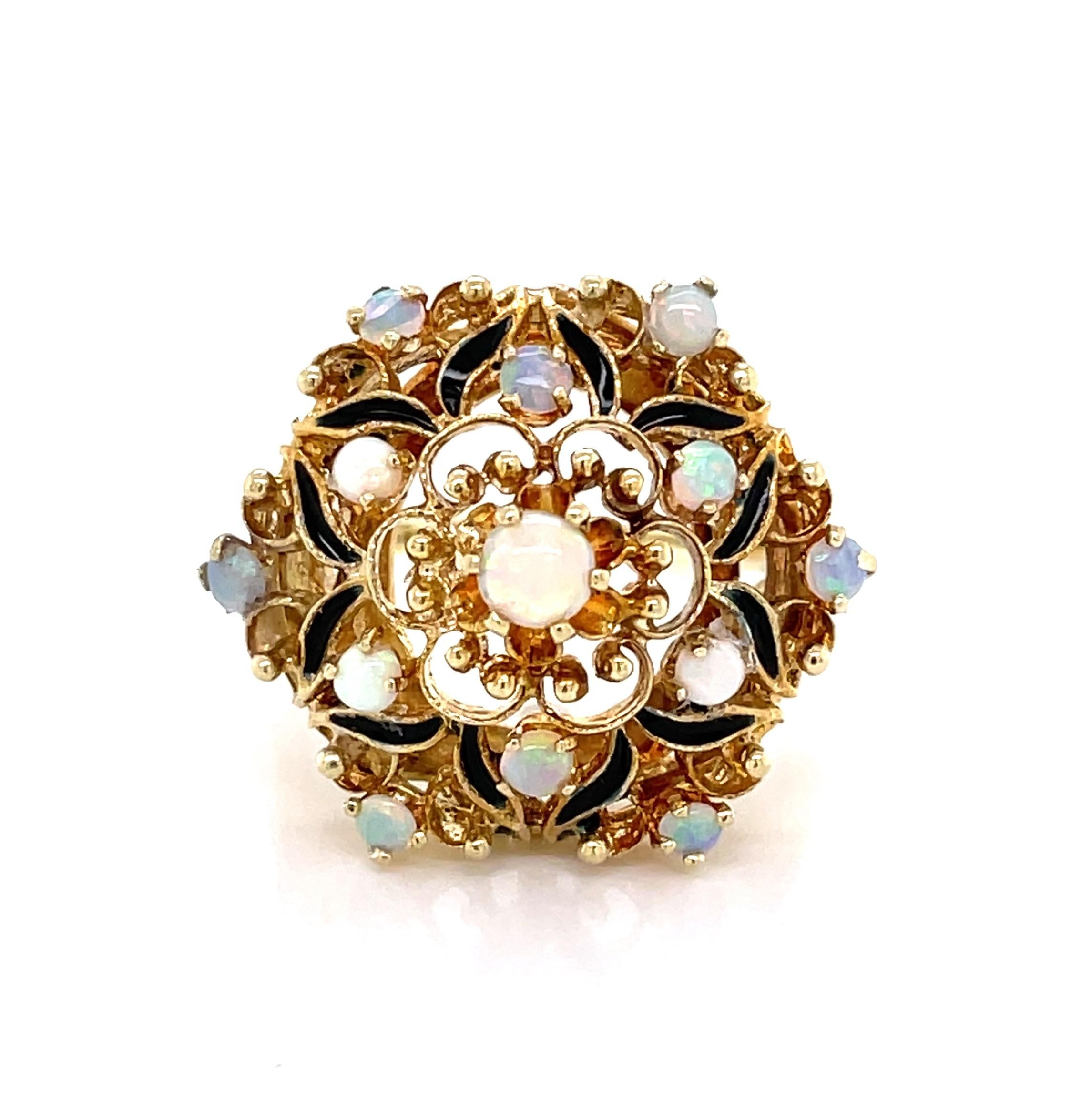 Antique Style Opal 14 Karat Yellow Gold Floral Burst Cocktail Ring 1