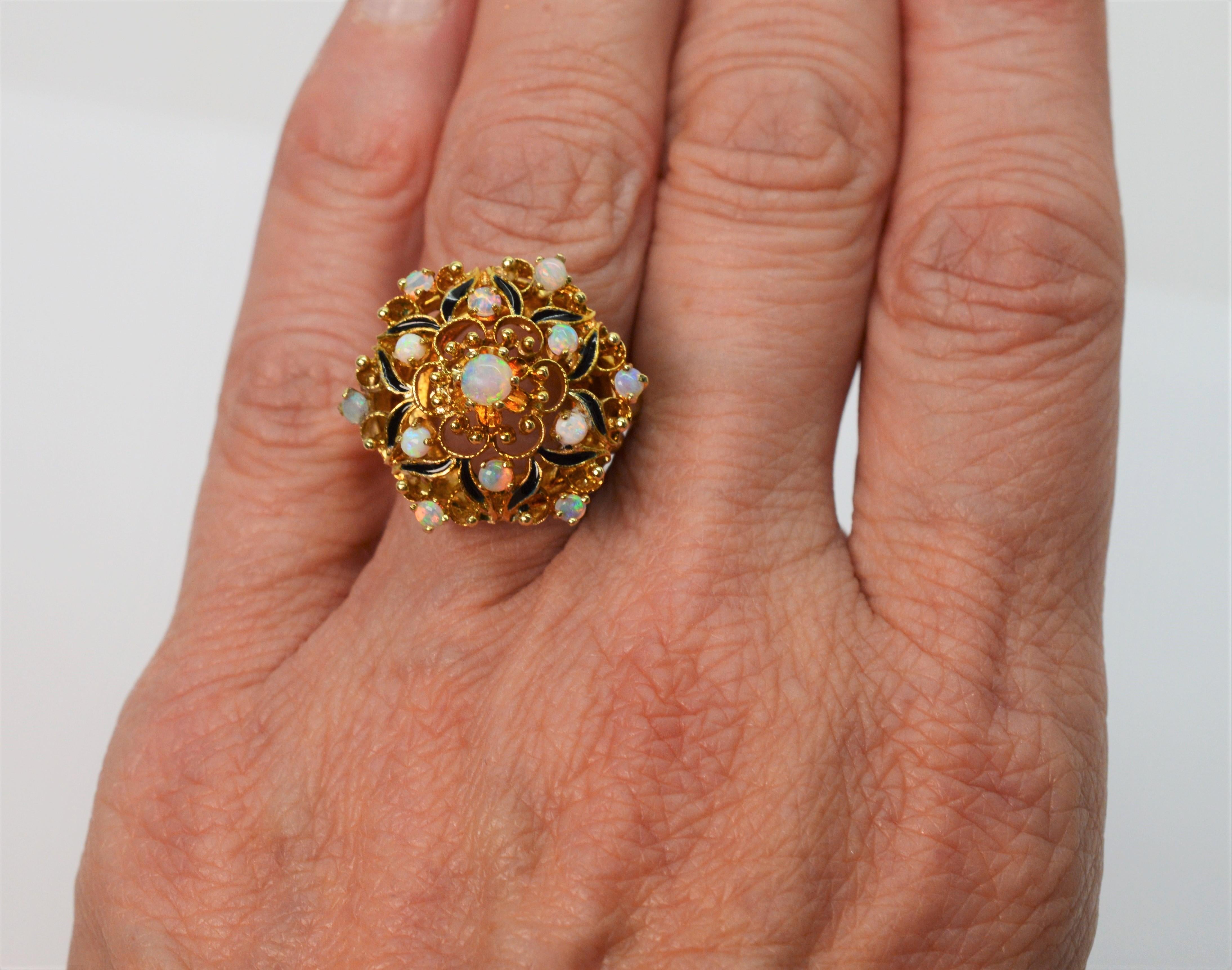 Antique Style Opal 14 Karat Yellow Gold Floral Burst Cocktail Ring 2